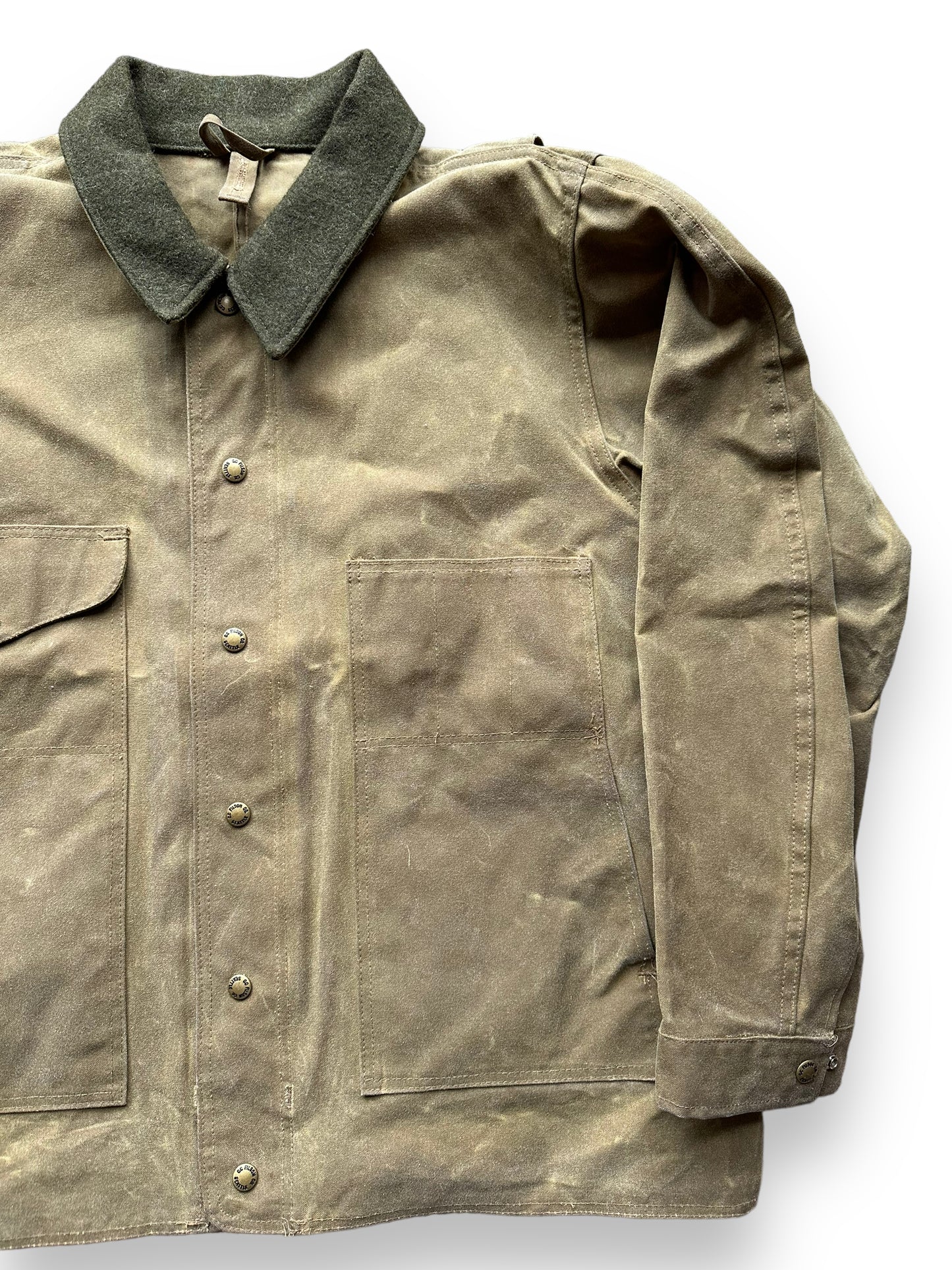Front Left Side View of Filson Tin Cloth Jacket SZ XL | Barn Owl Vintage Goods | Filson Workwear Seattle