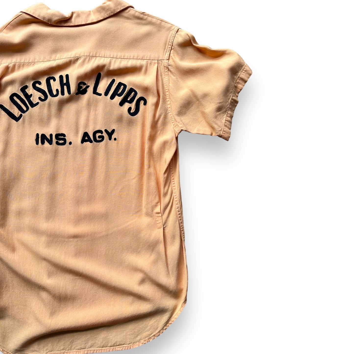 Rear Right View of Vintage Nat Nast Peach Colored Chainstitched Bowling Shirt SZ M | Vintage Bowling Shirt Seattle | Barn Owl Vintage Seattle