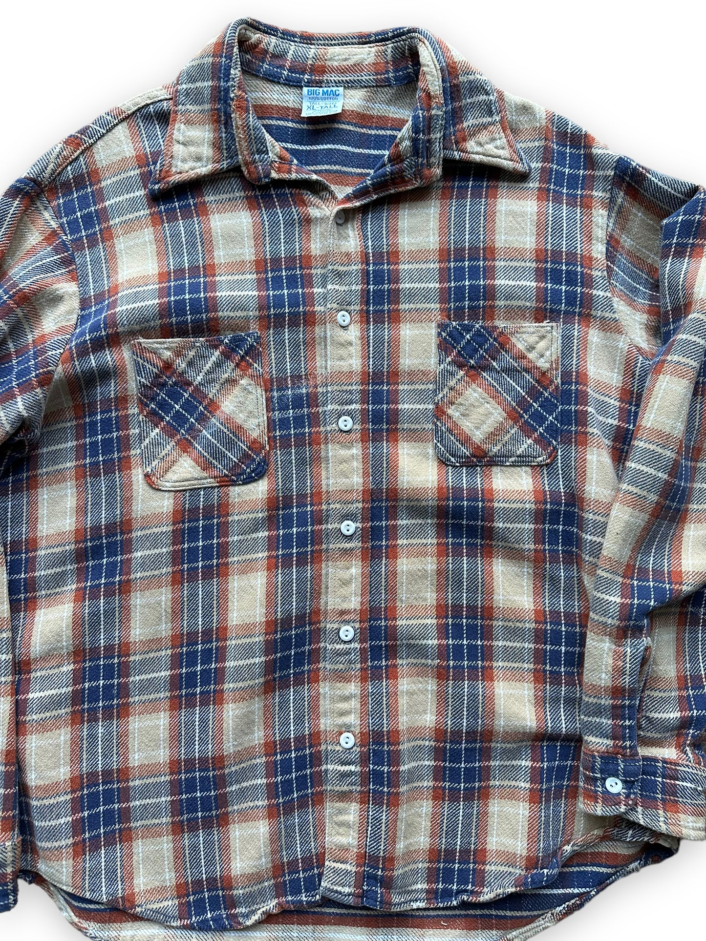 Front Close Up of Vintage Tan & Blue Big Mac Cotton Flannel SZ XL Tall | Barn Owl Vintage Seattle | Vintage Cotton Flannel Seattle