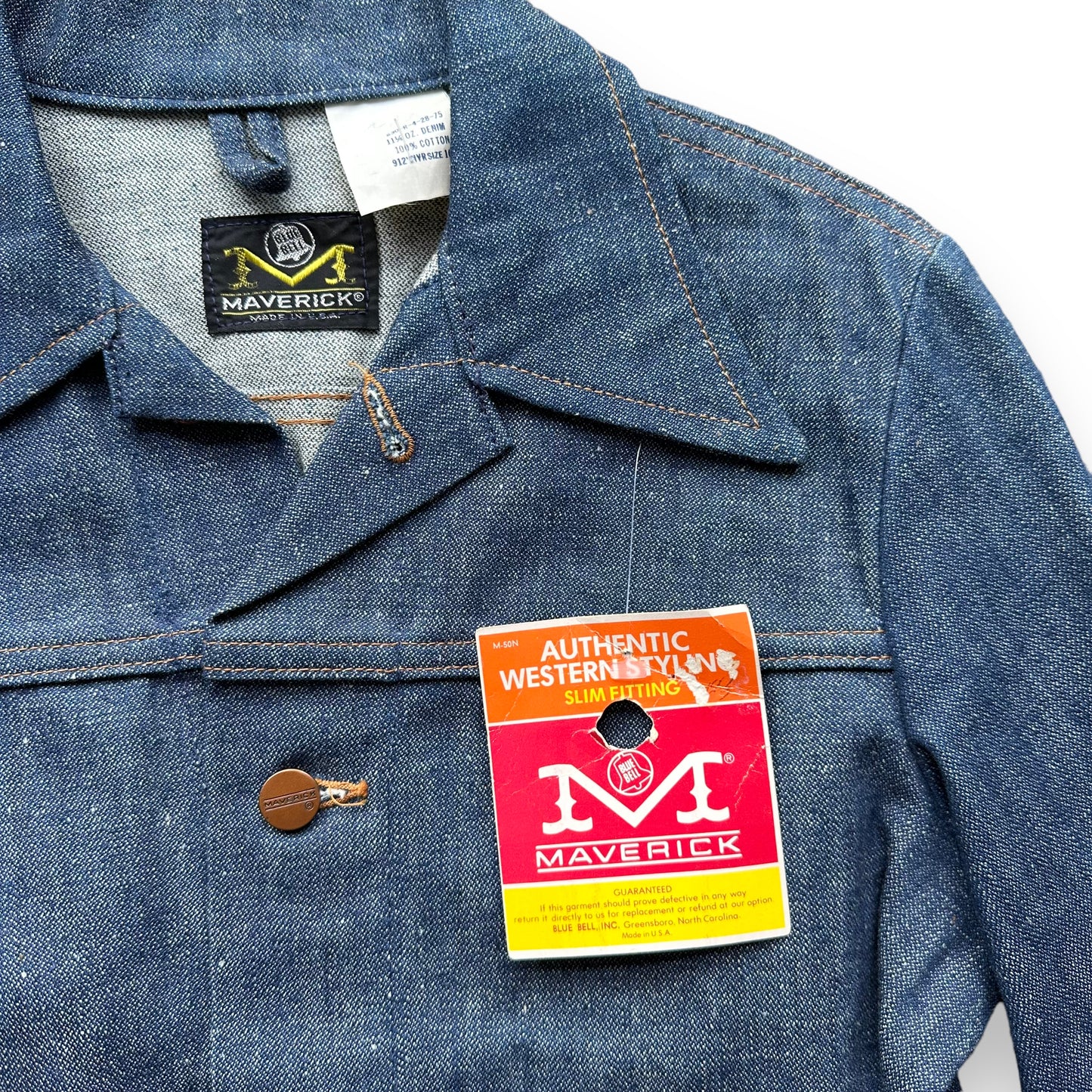 Front Left View with Original Flasher Tag on Vintage Deadstock Maverick Denim Jacket SZ 16 | Vintage Denim Workwear Seattle | Seattle Vintage Denim Jackets