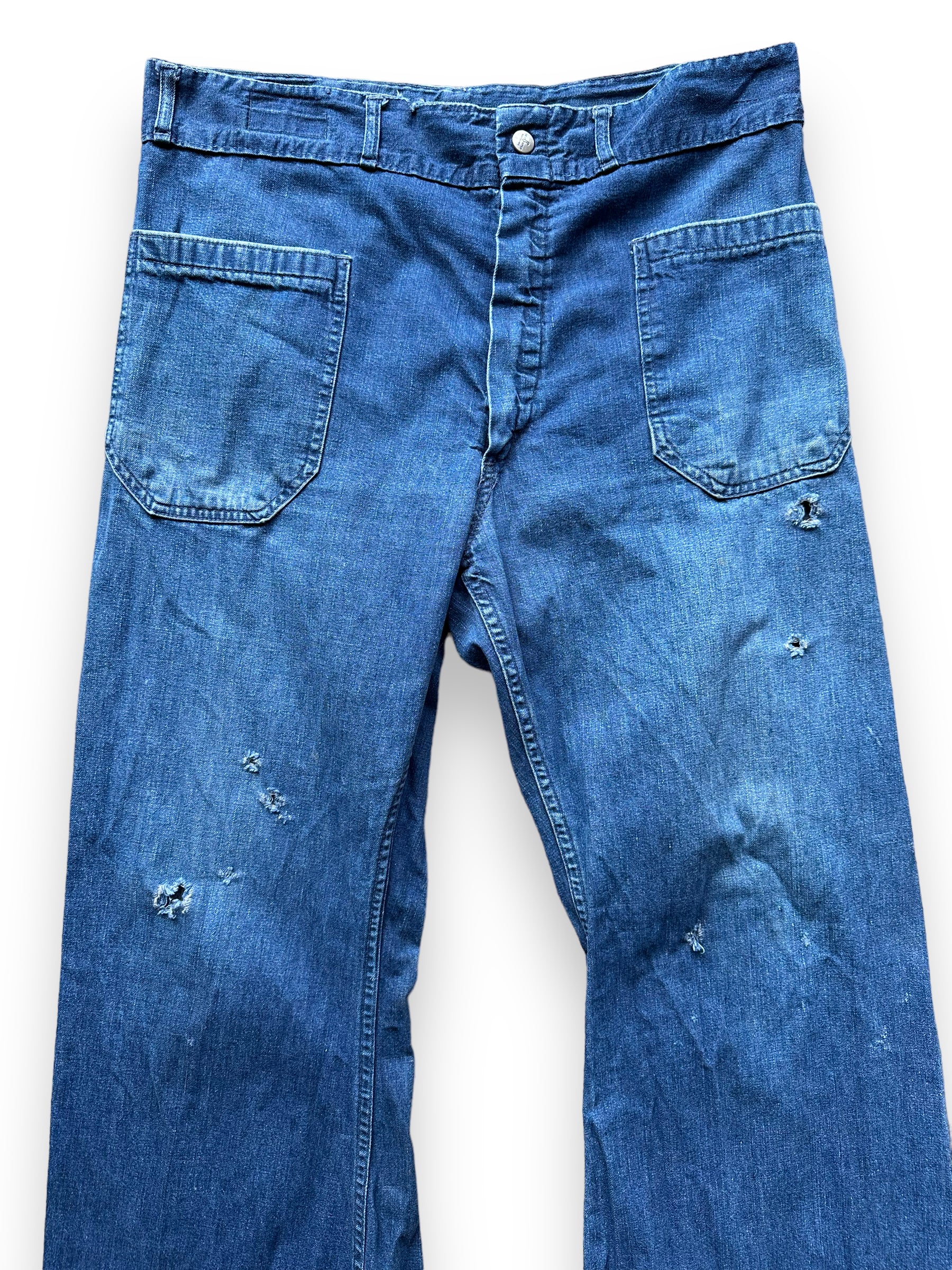 Upper Front View of Vintage 70s Era Sailor Denim with Repairs W36 | Vintage Denim Swabbie Pants Seattle | Barn Owl Vintage Workwear