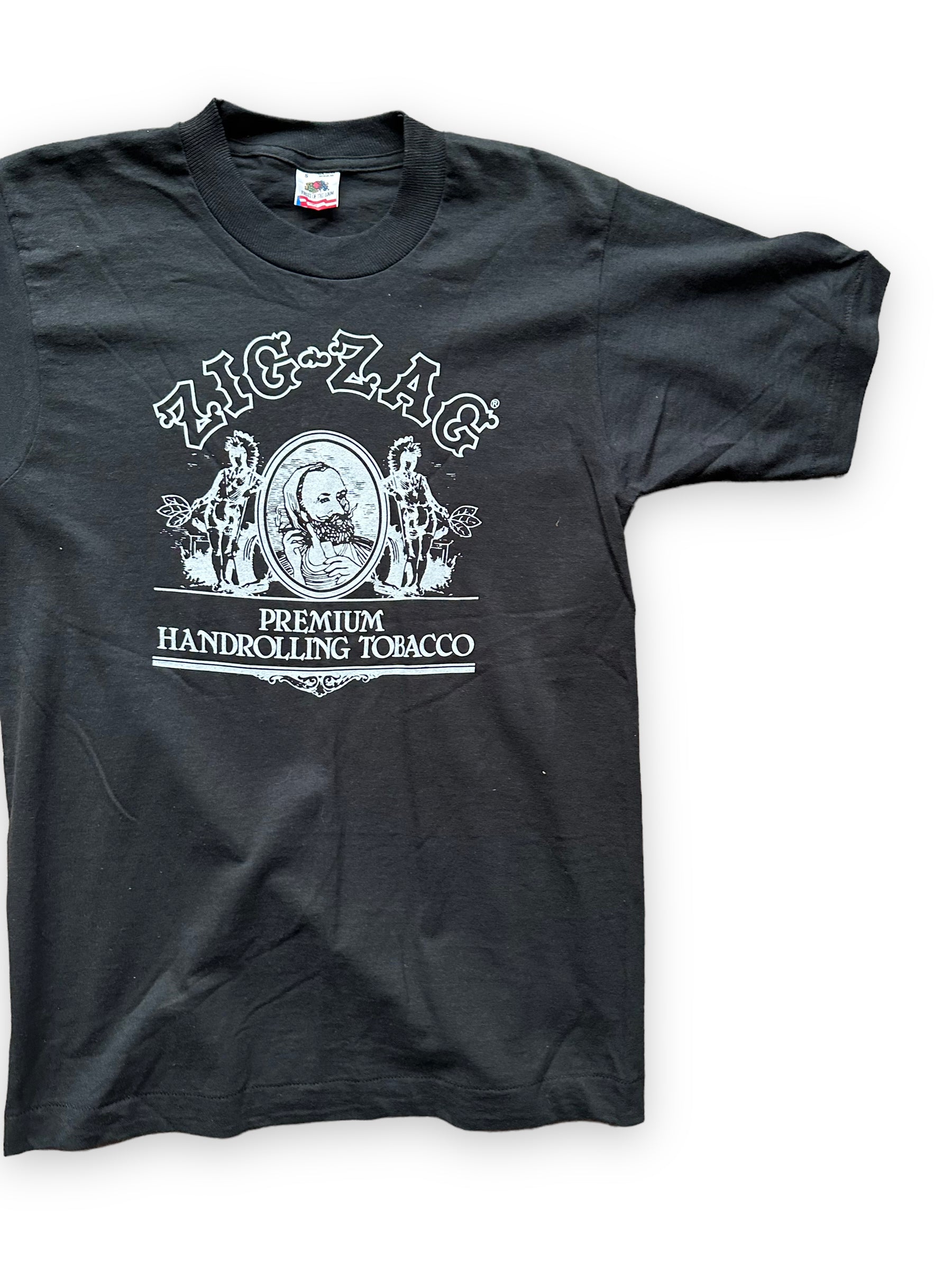 Front Left View of Vintage Black Zig-Zag Hand-Rolling Tobacco Tee SZ S | Seattle Vintage Weed Tees | Barn Owl Seattle