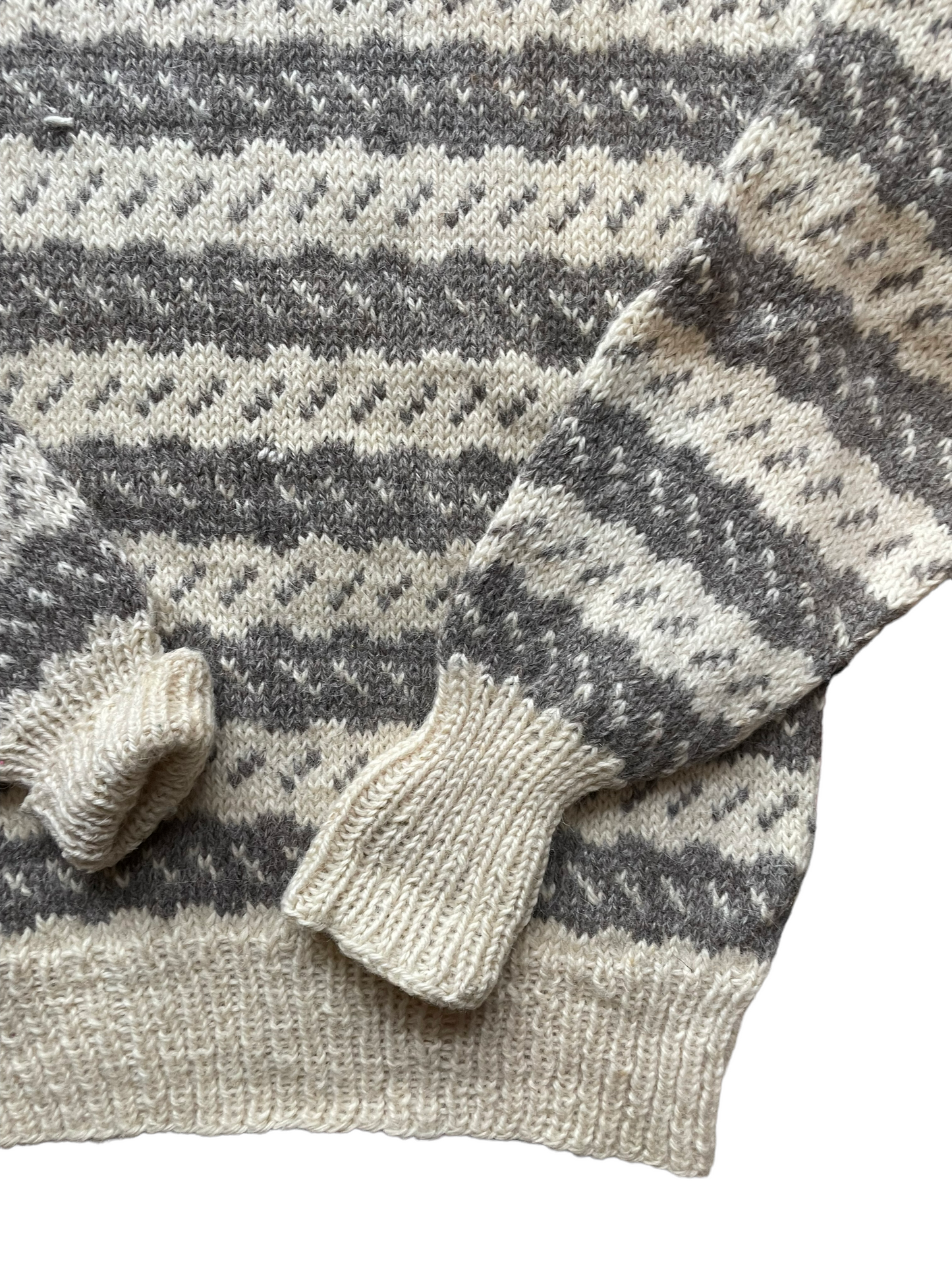 Vintage Wool Sweater Made in Denmark | Barn Owl Seattle | Seattle Vintage Sweaters Sleeve close up with small discoloration.