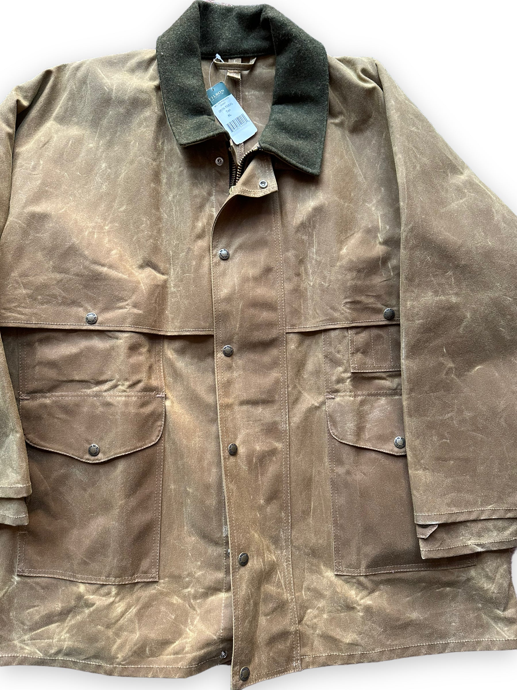 Front Detail on NWT Filson Tin Packer Coat SZ XL |  Barn Owl Vintage Goods Filson | Vintage Filson Tin Cloth Workwear Seattle