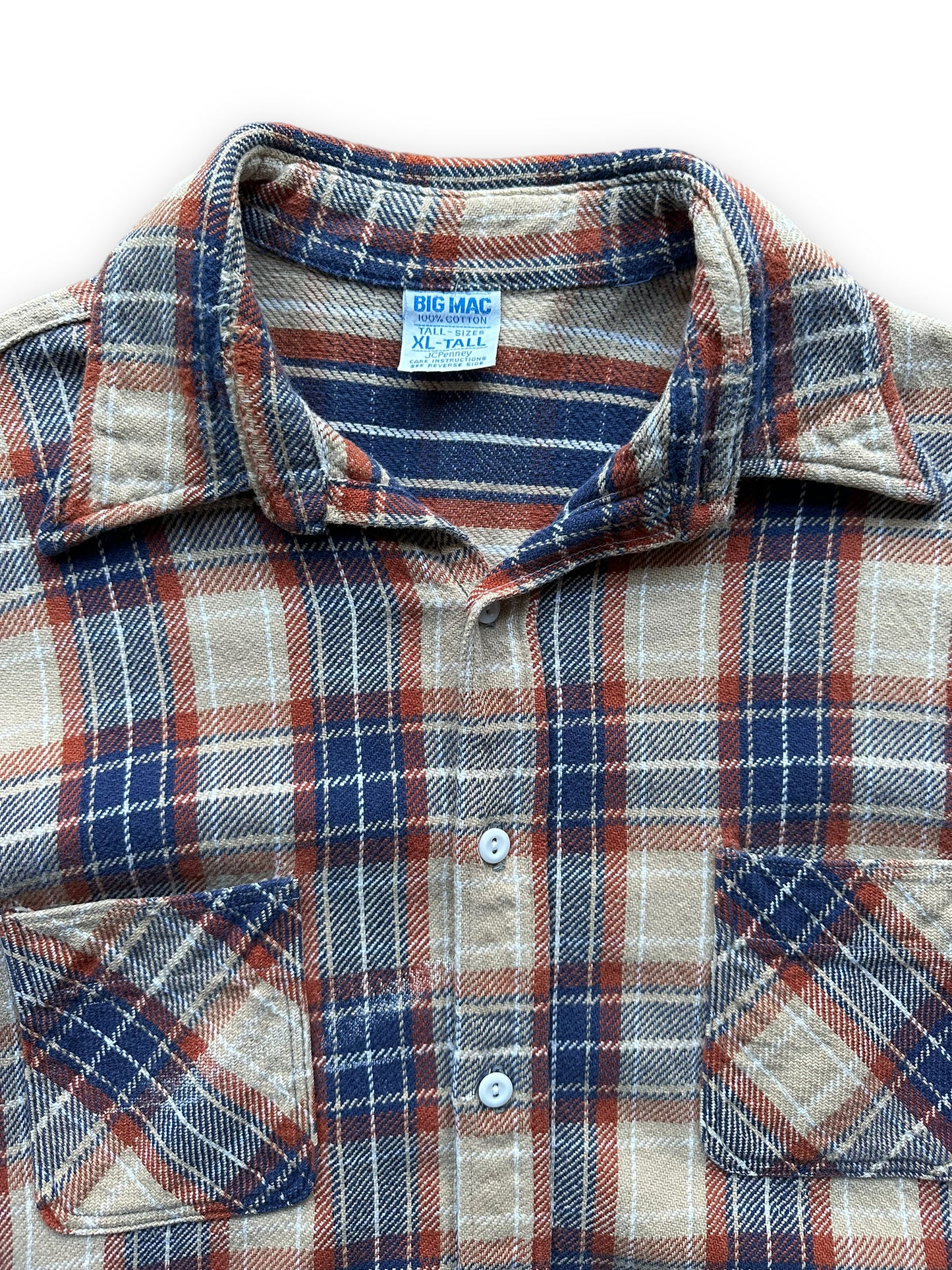 Upper Front View of Vintage Tan & Blue Big Mac Cotton Flannel SZ XL Tall | Barn Owl Vintage Seattle | Vintage Cotton Flannel Seattle