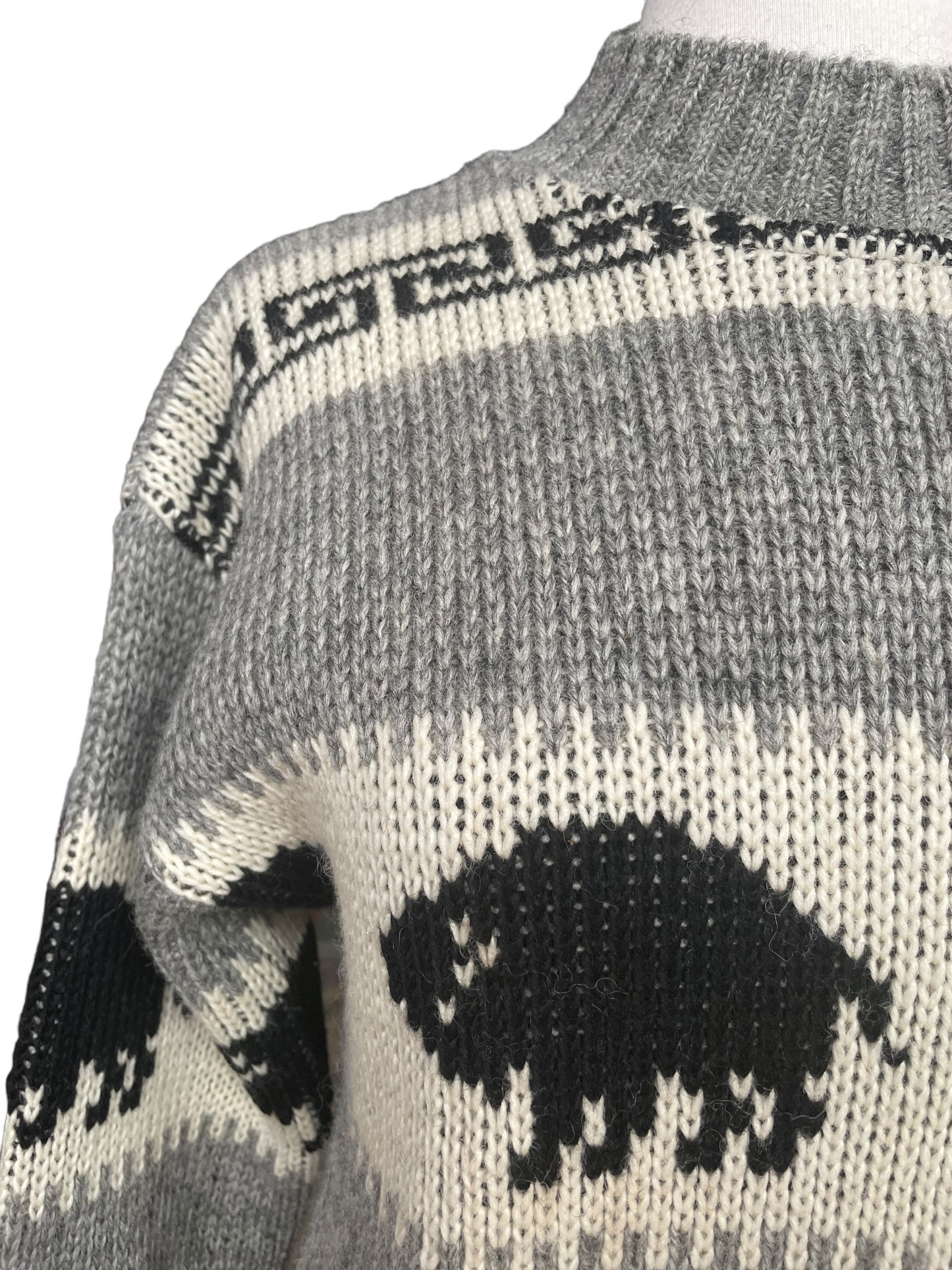 Vintage Brown Bison Wool Sweater Right front shoulder close up view.