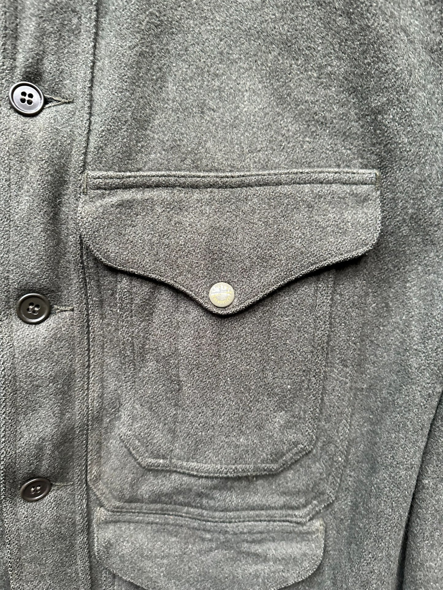 Enameled Snaps on Upper Left Pocket on Vintage Filson Union Made Era Forest Green Mackinaw Cruiser SZ 46 | Barn Owl Vintage Goods | Vintage Workwear Seattle