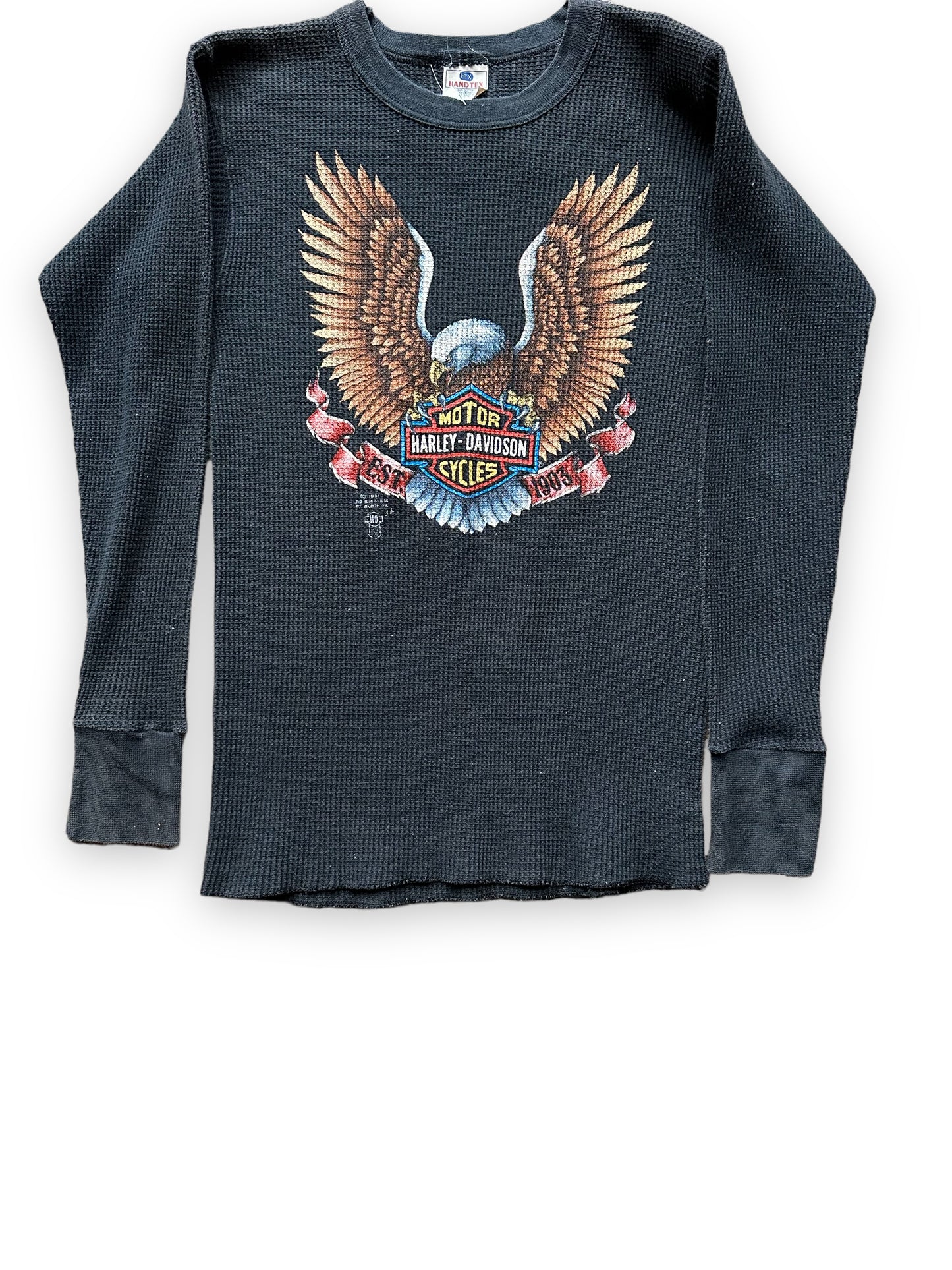 Front View of Vintage Harley Davidson 3D Emblem Thermal Long Sleeve SZ L | Vintage Harley Tee | Barn Owl Vintage Seattle