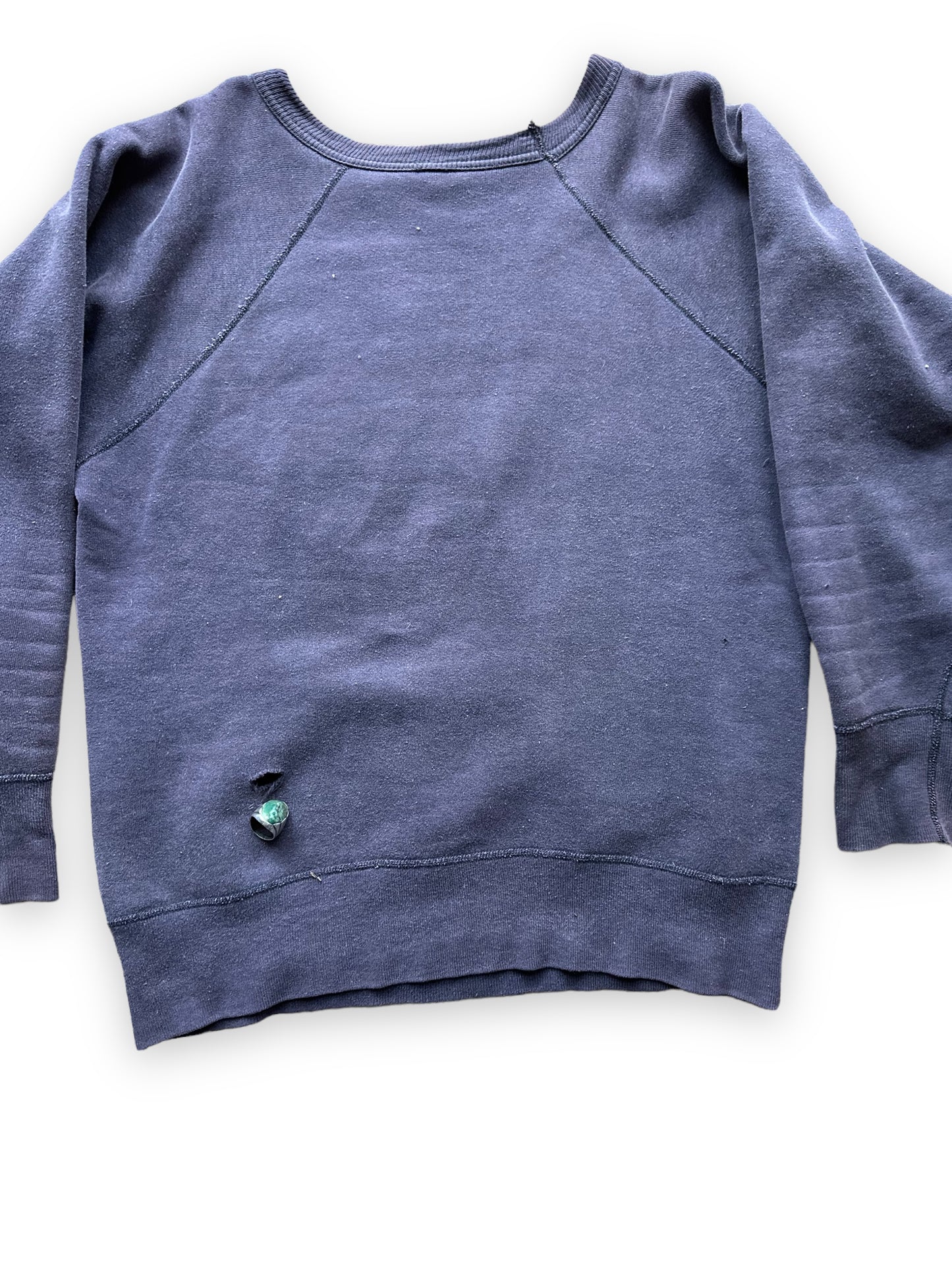 Rear Detail on Vintage Original Flocked Seattle World's Fair 1962 Navy Blue Crewneck | Vintage Sweatshirts Seattle | Barn Owl Vintage