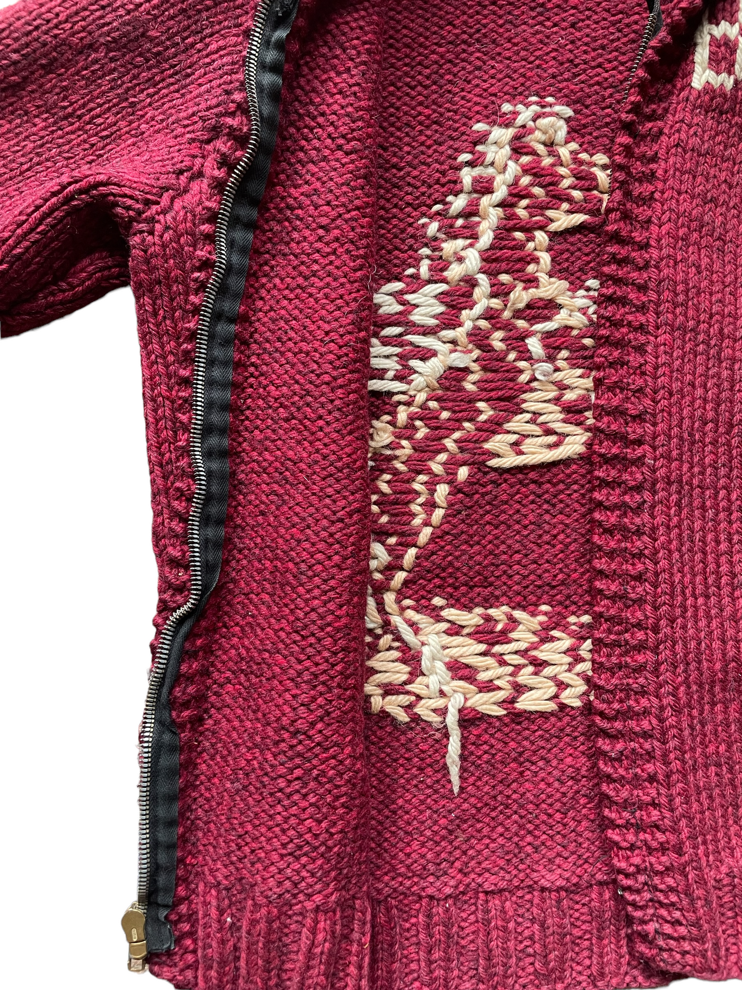Vintage 1950s Kids Horse Cowichan Sweater | Barn Owl Vintage | Seattle Vintage Sweaters Right side open front view, close up of zipper.
