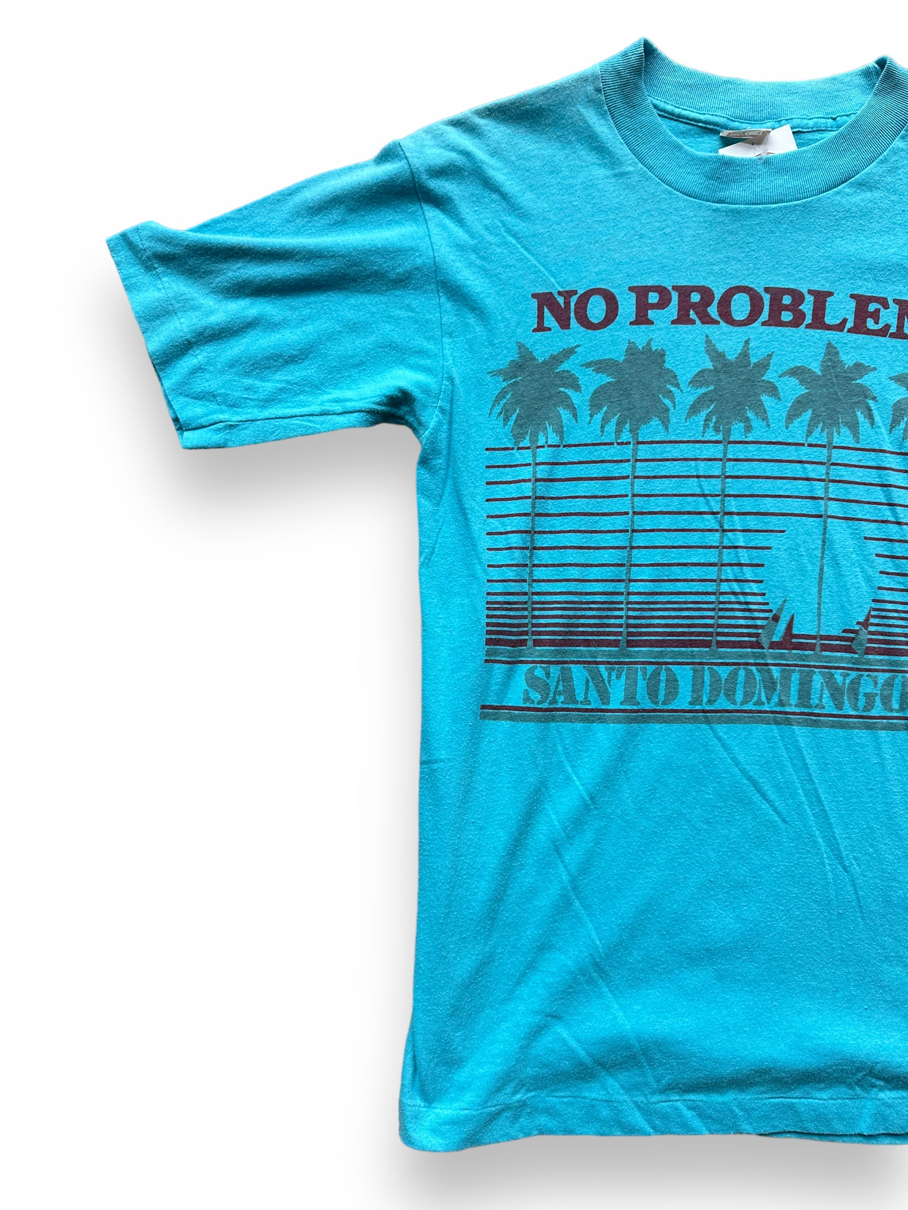 Right side front shot of Vintage Blue Santo Domingo Graphic Tee SZ L | Vintage T-Shirts Seattle | Barn Owl Vintage Tees Seattle