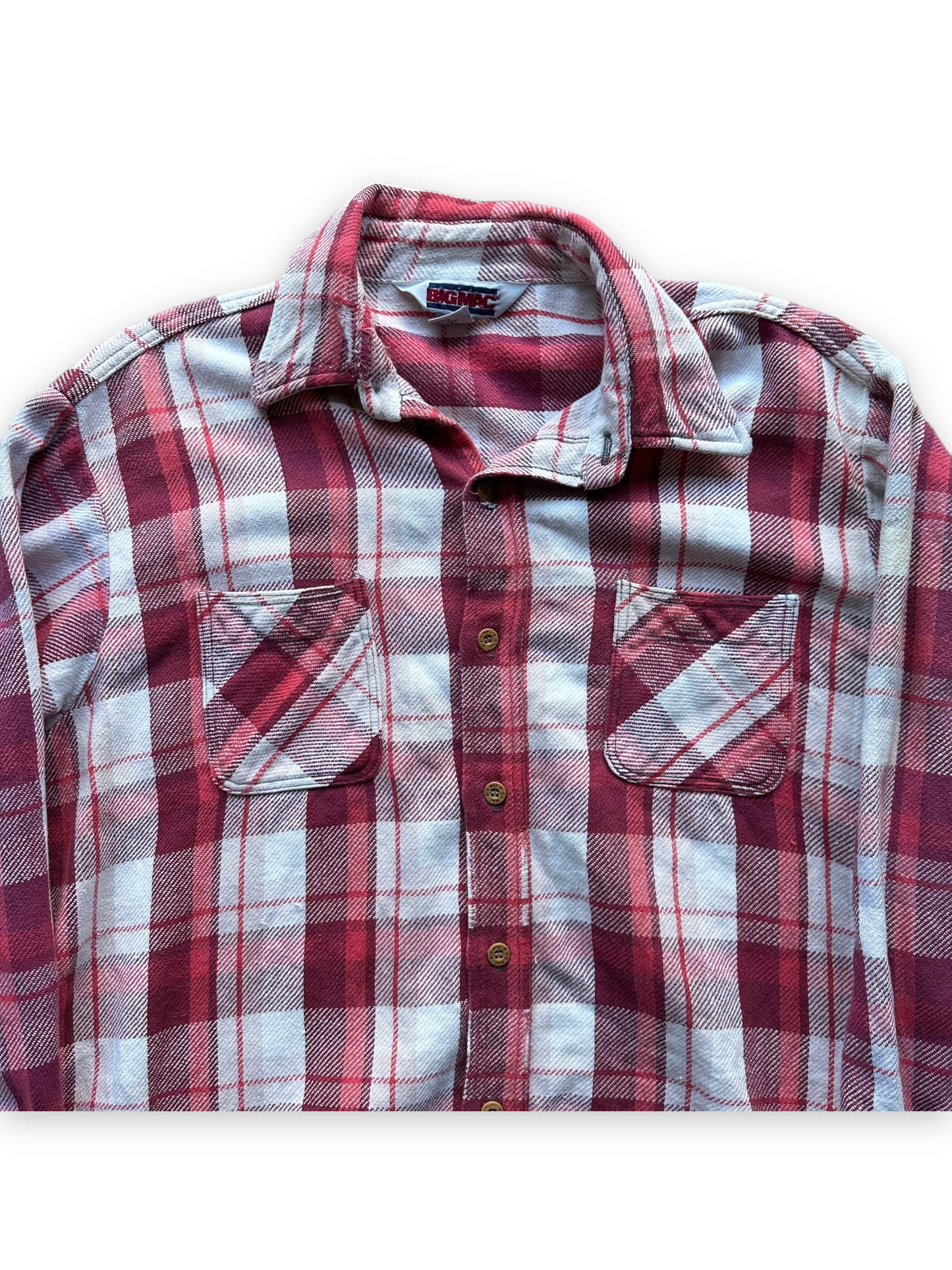Upper Front View of Vintage Pink and Light Purple Big Mac Cotton Flannel SZ XL Tall | Barn Owl Vintage Seattle | Vintage Cotton Flannel Seattle