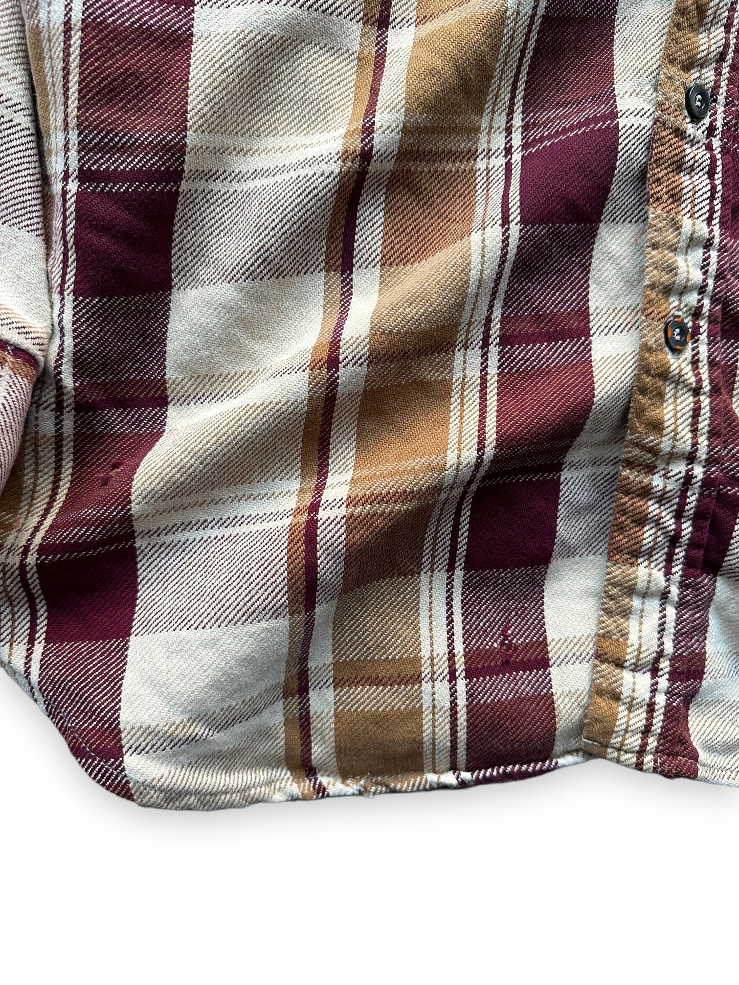 Lower Front Right View of Vintage Maroon & Brown Alaskan Cotton Flannel SZ XXL Tall | Vintage Cotton Flannel Seattle | Barn Owl Vintage Seattle
