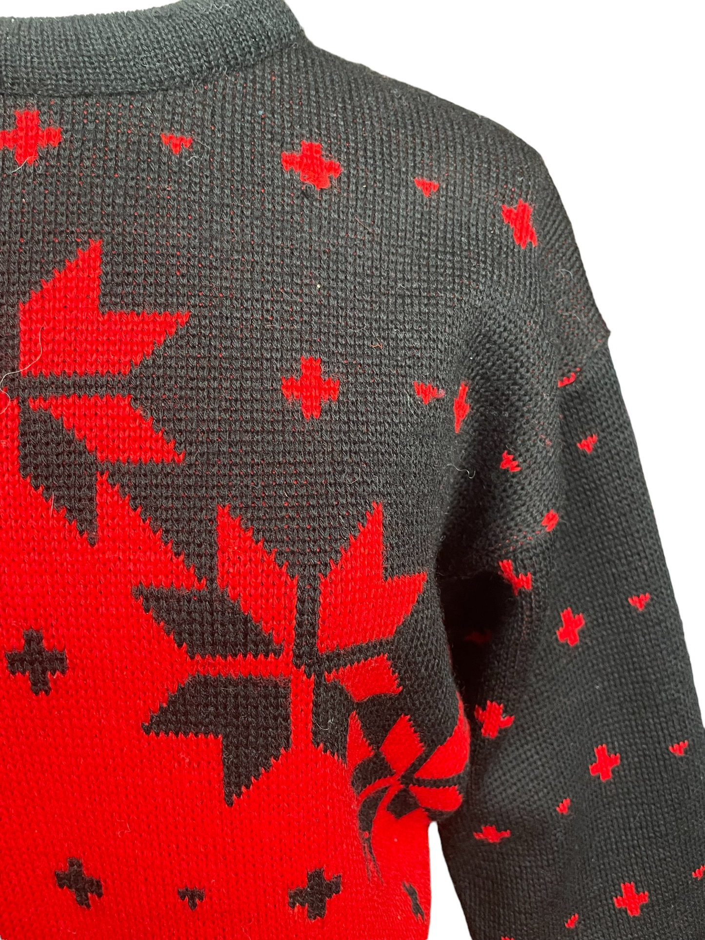 Front Left Shoulder View of Vintage 1980s Demetre Wool Ski Sweater | Barn Owl Vintage | Seattle Vintage Sweaters