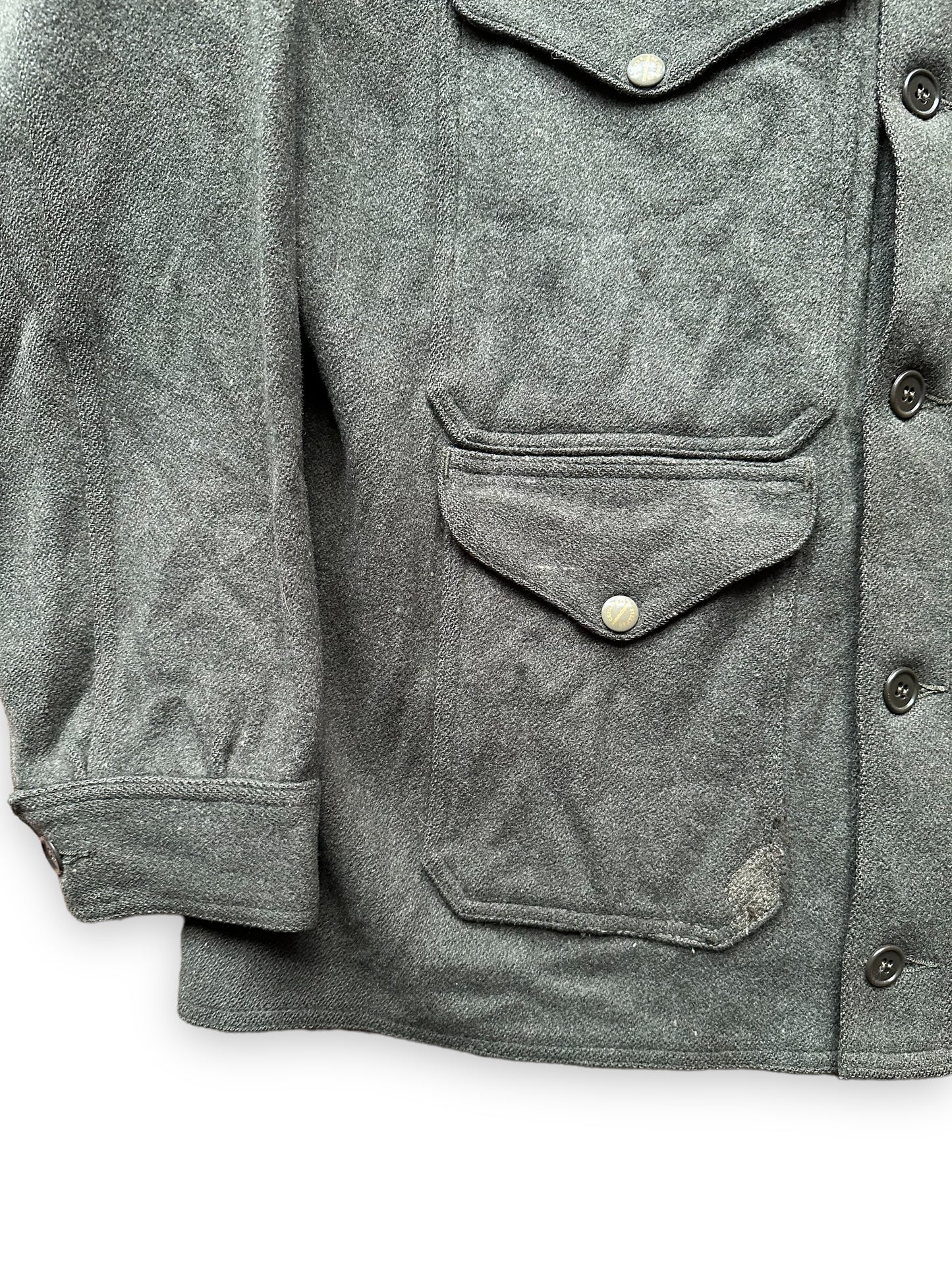 Repairs on Lower Right Pocket on Vintage Filson Union Made Era Forest Green Mackinaw Cruiser SZ 46 | Barn Owl Vintage Goods | Vintage Workwear Seattle