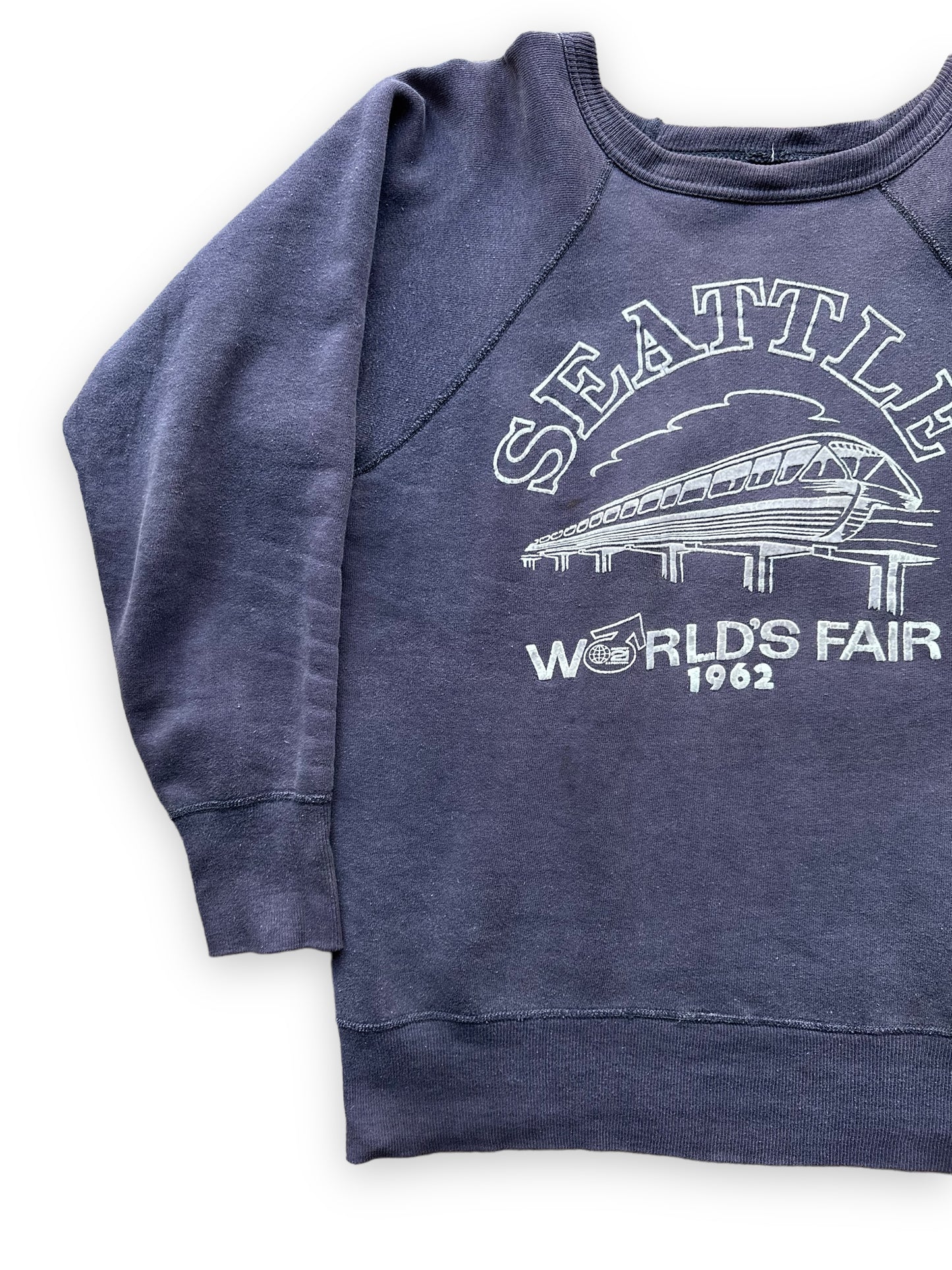 Right Front View on Vintage Original Flocked Seattle World's Fair 1962 Navy Blue Crewneck | Vintage Sweatshirts Seattle | Barn Owl Vintage