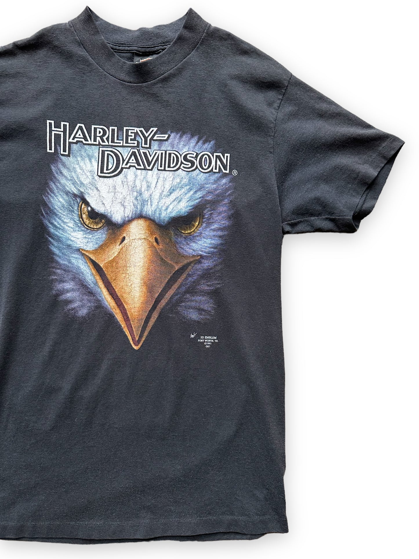 Front Left Side View of Vintage 1991 3D Emblem Harley Davidson Eagle Tee SZ L | Vintage Single Stitch Harley Tee | Barn Owl Vintage Seattle
