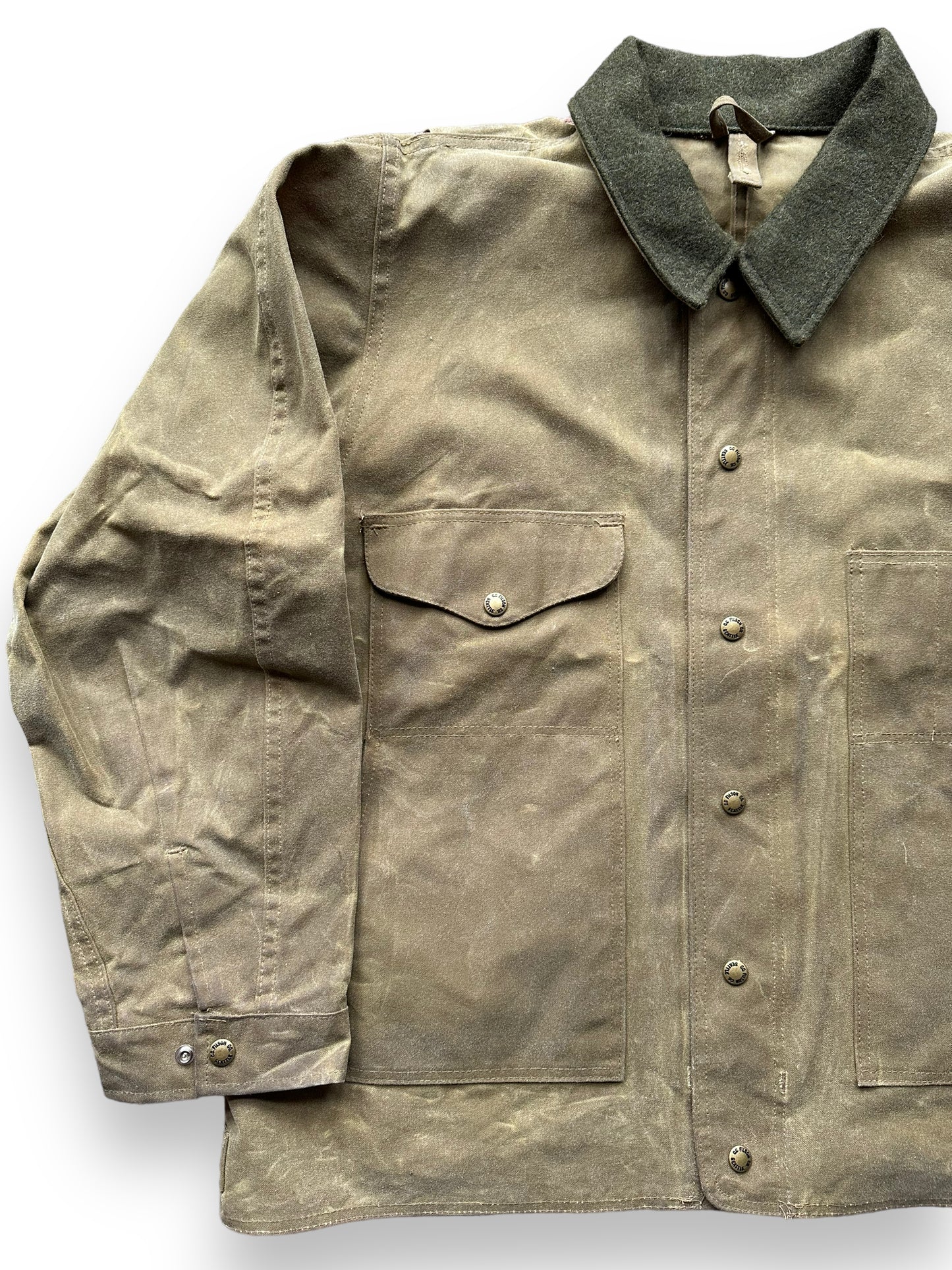 Front Right Side View of Filson Tin Cloth Jacket SZ XL | Barn Owl Vintage Goods | Filson Workwear Seattle