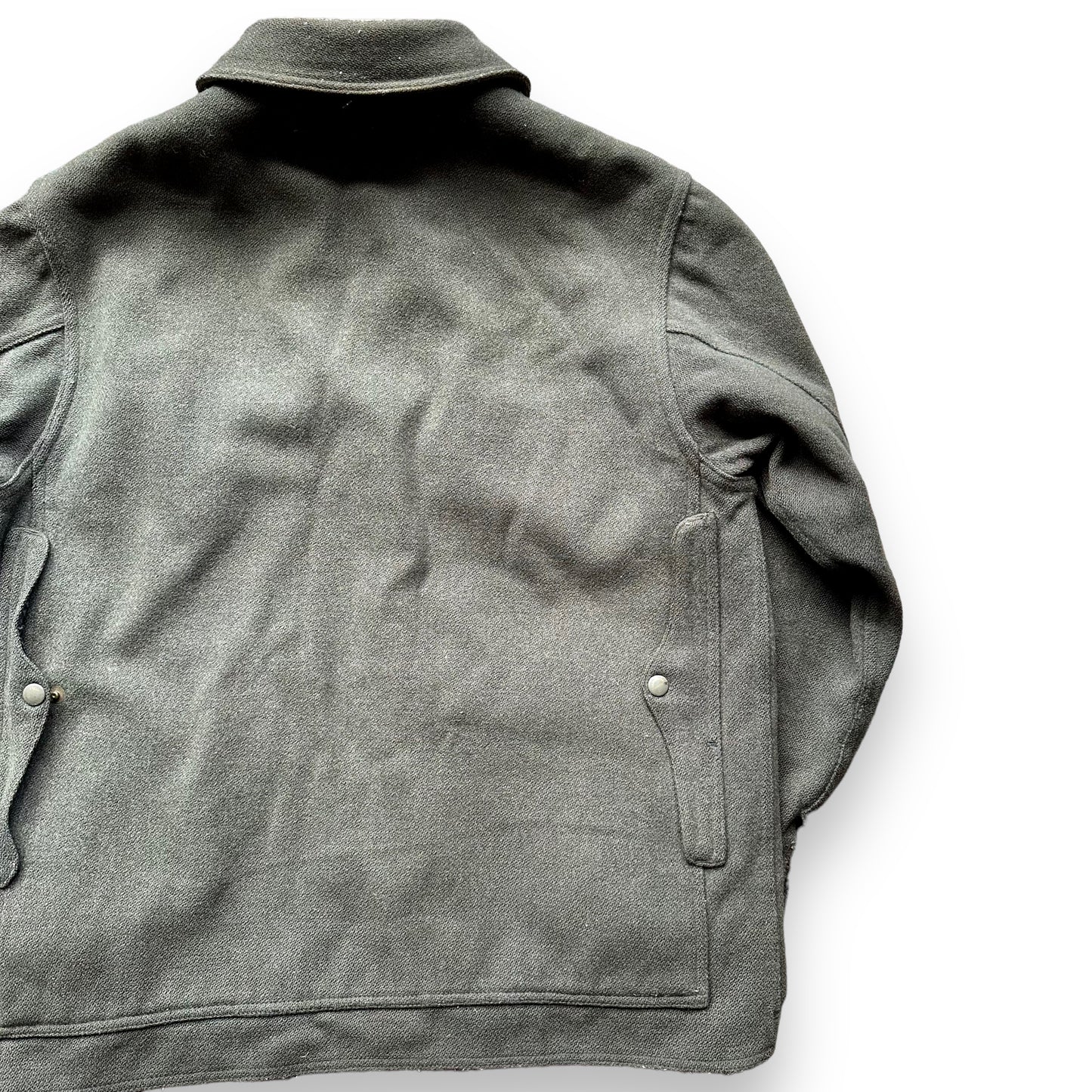 Rear Right View of Vintage Union Made Era Visibly Repaired Filson Forestry Cloth Cruiser SZ 44 | Barn Owl Vintage Goods Seattle | Vintage Workwear Seattle