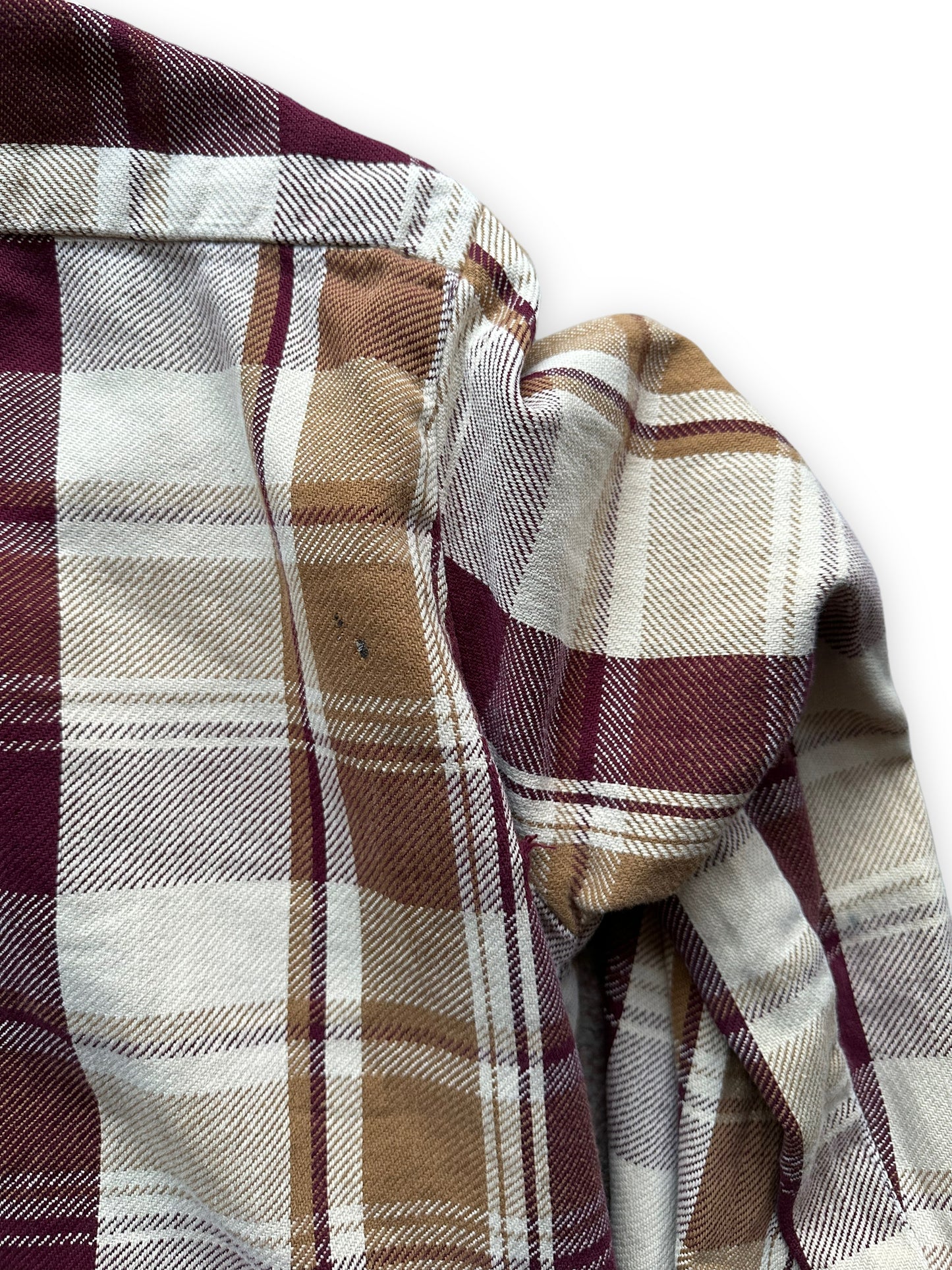 Right Rear Shoulder View of Vintage Maroon & Brown Alaskan Cotton Flannel SZ XXL Tall | Vintage Cotton Flannel Seattle | Barn Owl Vintage Seattle