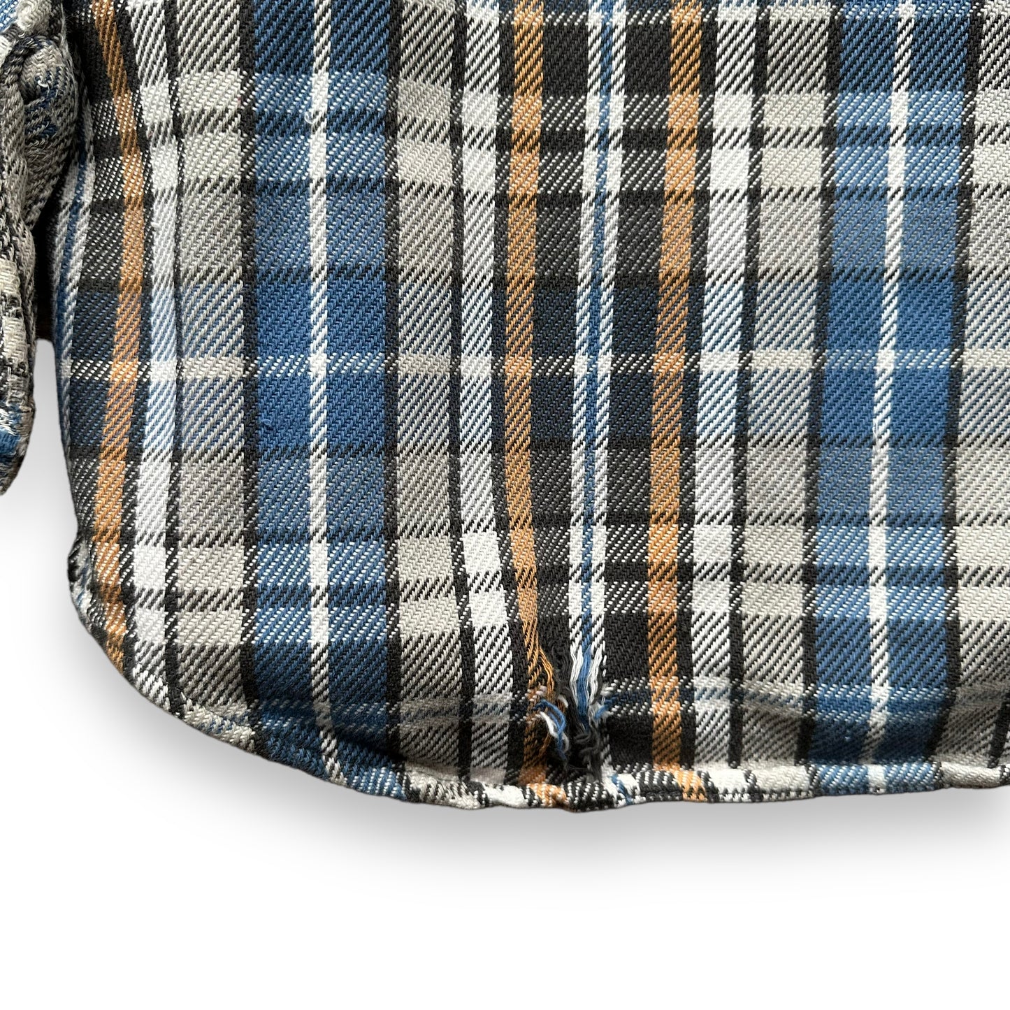 Small Hole on Lower Rear Left Portion of Vintage Blue Grey & Brown Big Mac Cotton Flannel SZ L | Vintage Cotton Flannel Seattle | Barn Owl Vintage Seattle
