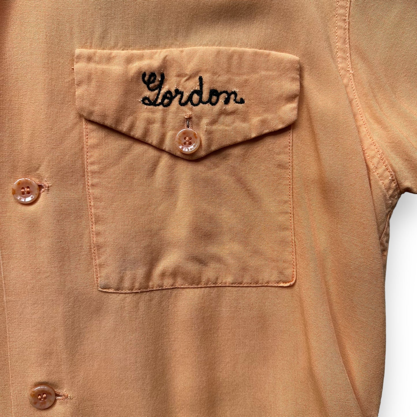 Vintage Nat Nast Peach Colored Chainstitched Bowling Shirt SZ M | Vintage Bowling Shirt Seattle | Barn Owl Vintage Seattle