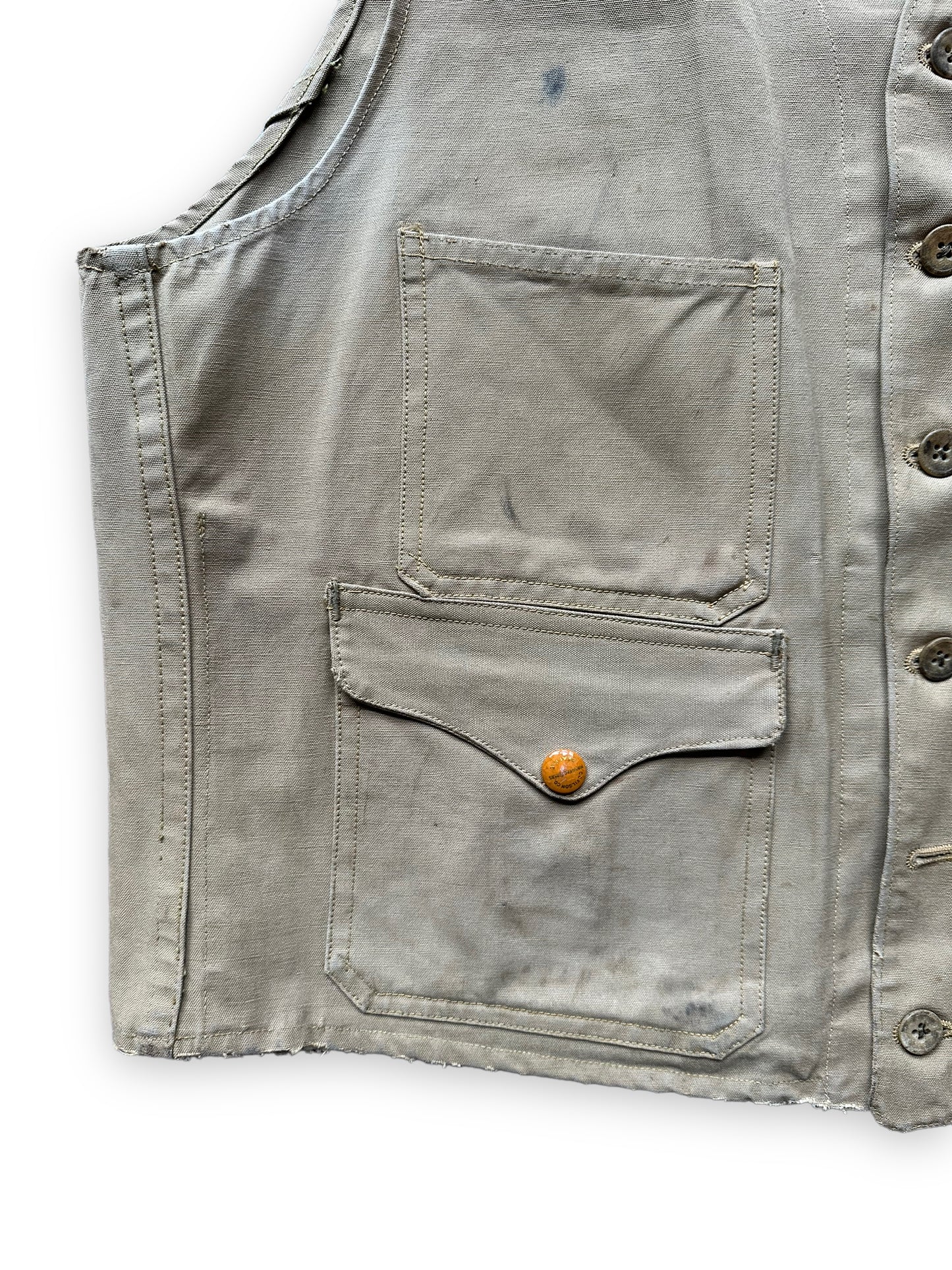 Front Right Side of Vintage 1930s Era Filson FilClo Era Tin Cloth Vest SZ L | FilClo Vintage Workwear | Barn Owl Vintage Seattle