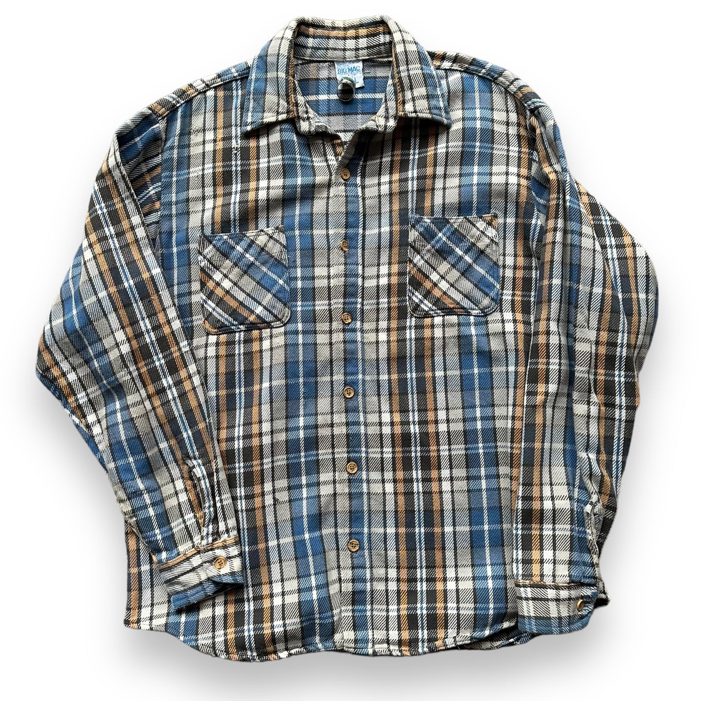 Front View of Vintage Blue Grey & Brown Big Mac Cotton Flannel SZ L | Vintage Cotton Flannel Seattle | Barn Owl Vintage Seattle