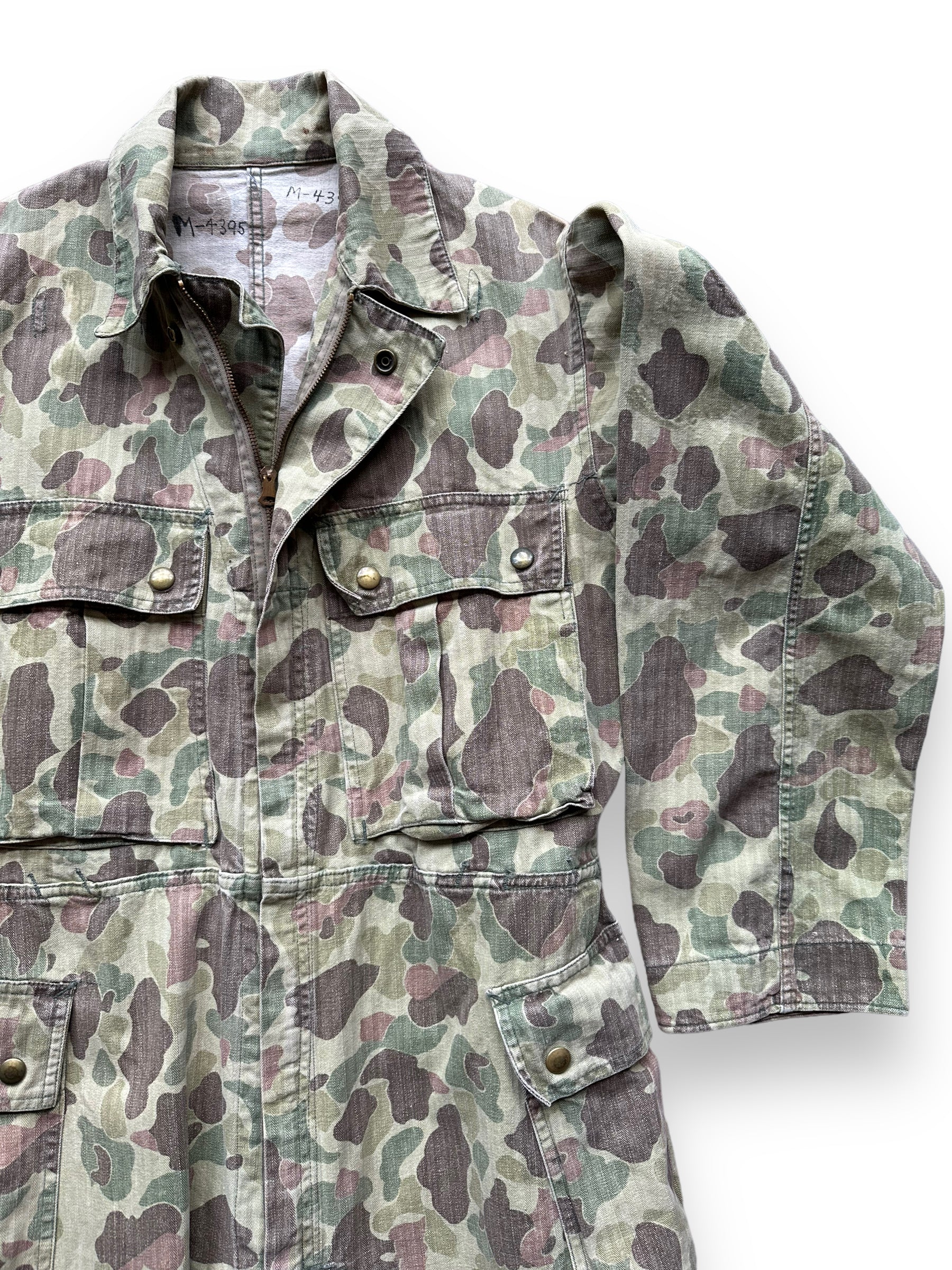 Upper Front Left Shoulder on Vintage M-4395 HBT Frogskin Camo Coveralls SZ M | Vintage Frog Skin Camo Pants Seattle | Barn Owl Vintage Workwear