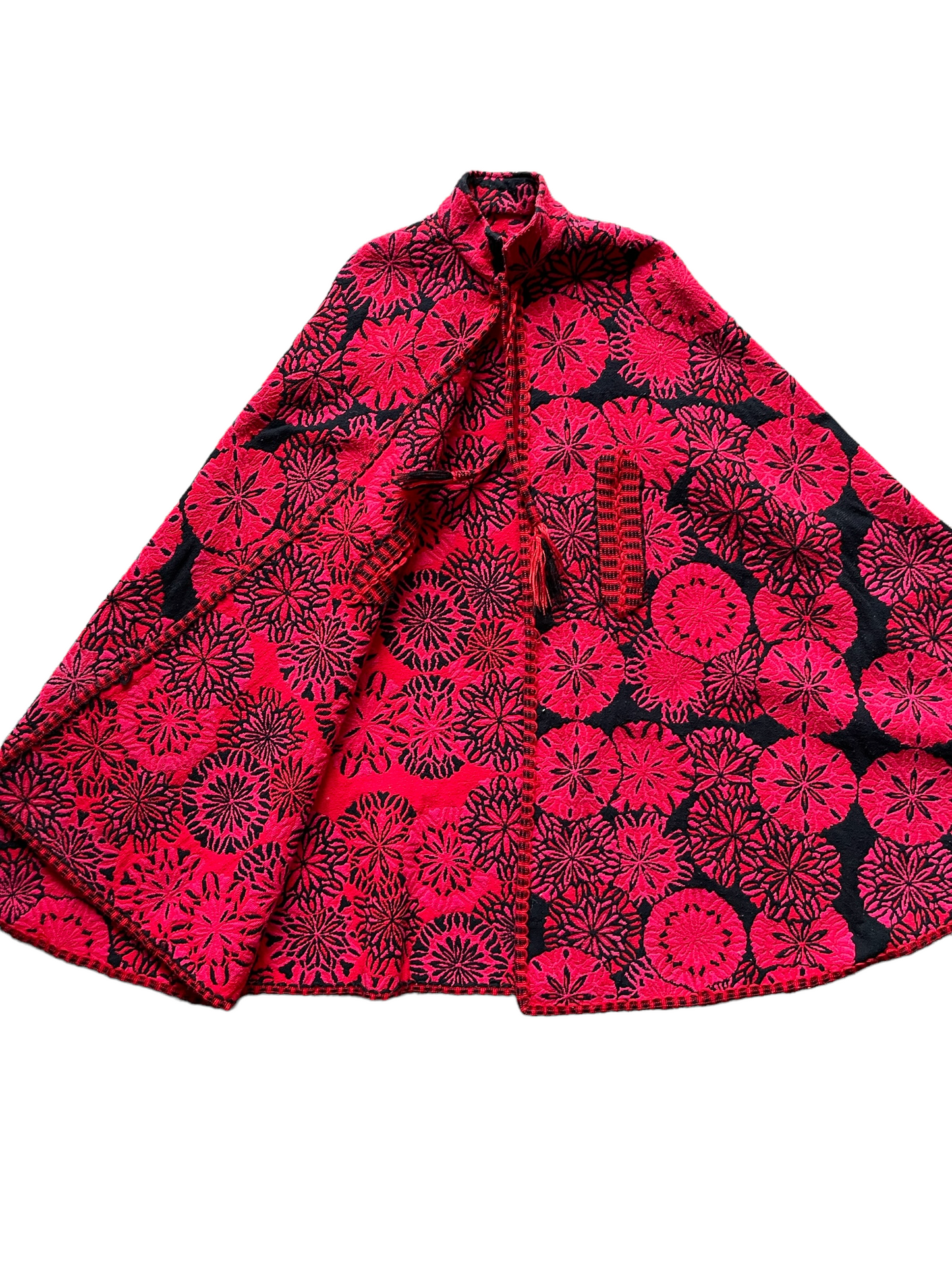 Front flat lay view ofVintage 1960s Arvi Made in Spain Floral Tapestry Cape Coat | Barn Owl Seattle | Seattle True Vintage