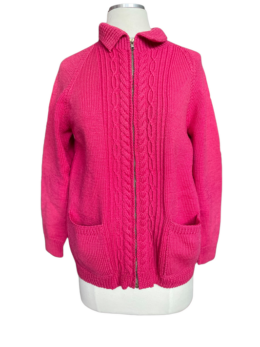 Front full view Vintage 1940's Wool Hand Knit Magenta Zip Up Cardigan Sweater | Barn Owl Vintage | Seattle True Vintage