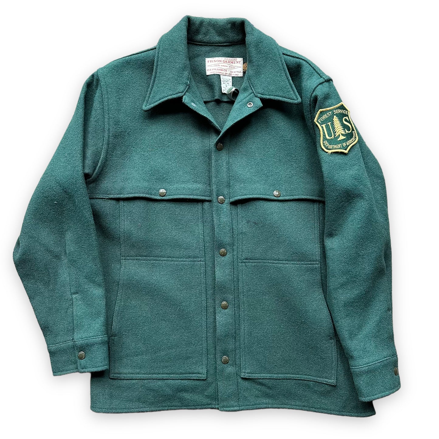 Front View of Vintage Filson USFS Green Cape Coat SZ M XLong | Vintage Filson Forestry Cape Coat | Vintage Workwear Seattle