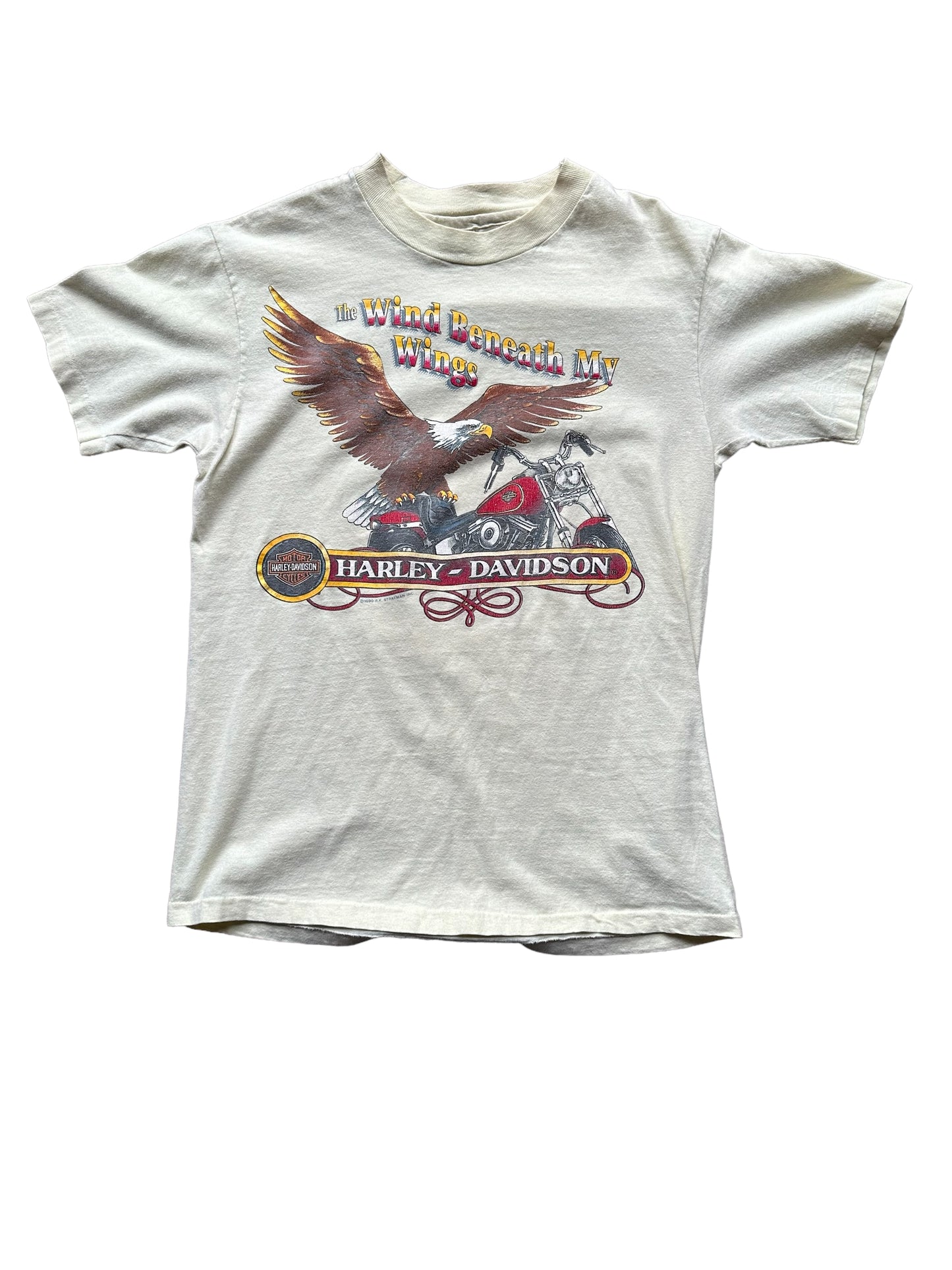 Front View of Vintage Yellow Harley Davidson Wind Beneath My Wings Tee SZ M | Vintage Harley Tee | Barn Owl Vintage Seattle