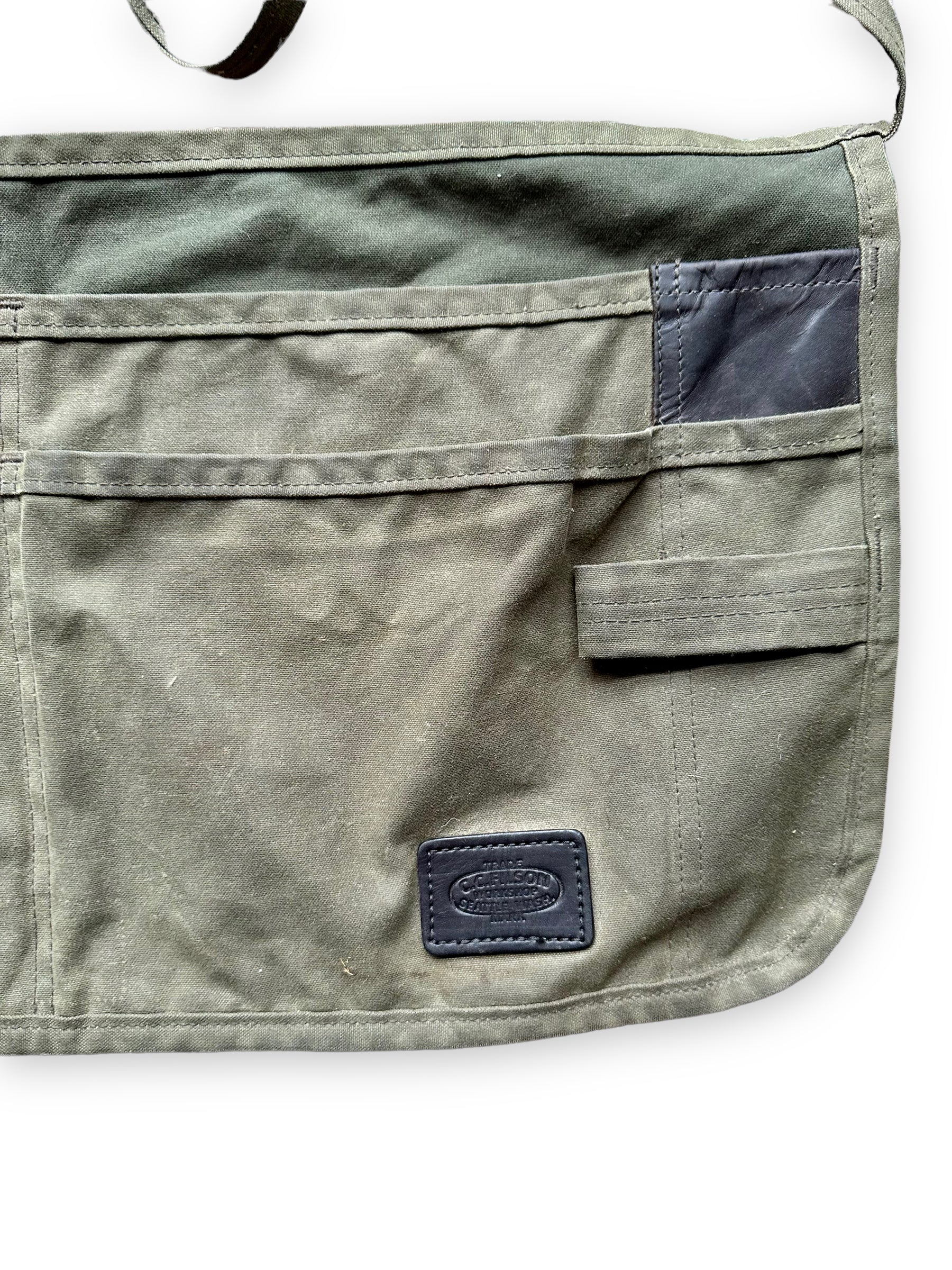 Close Up of Front Left Side of Filson Workshop Tool Apron SZ L |  Barn Owl Vintage Goods | Vintage Workwear Seattle