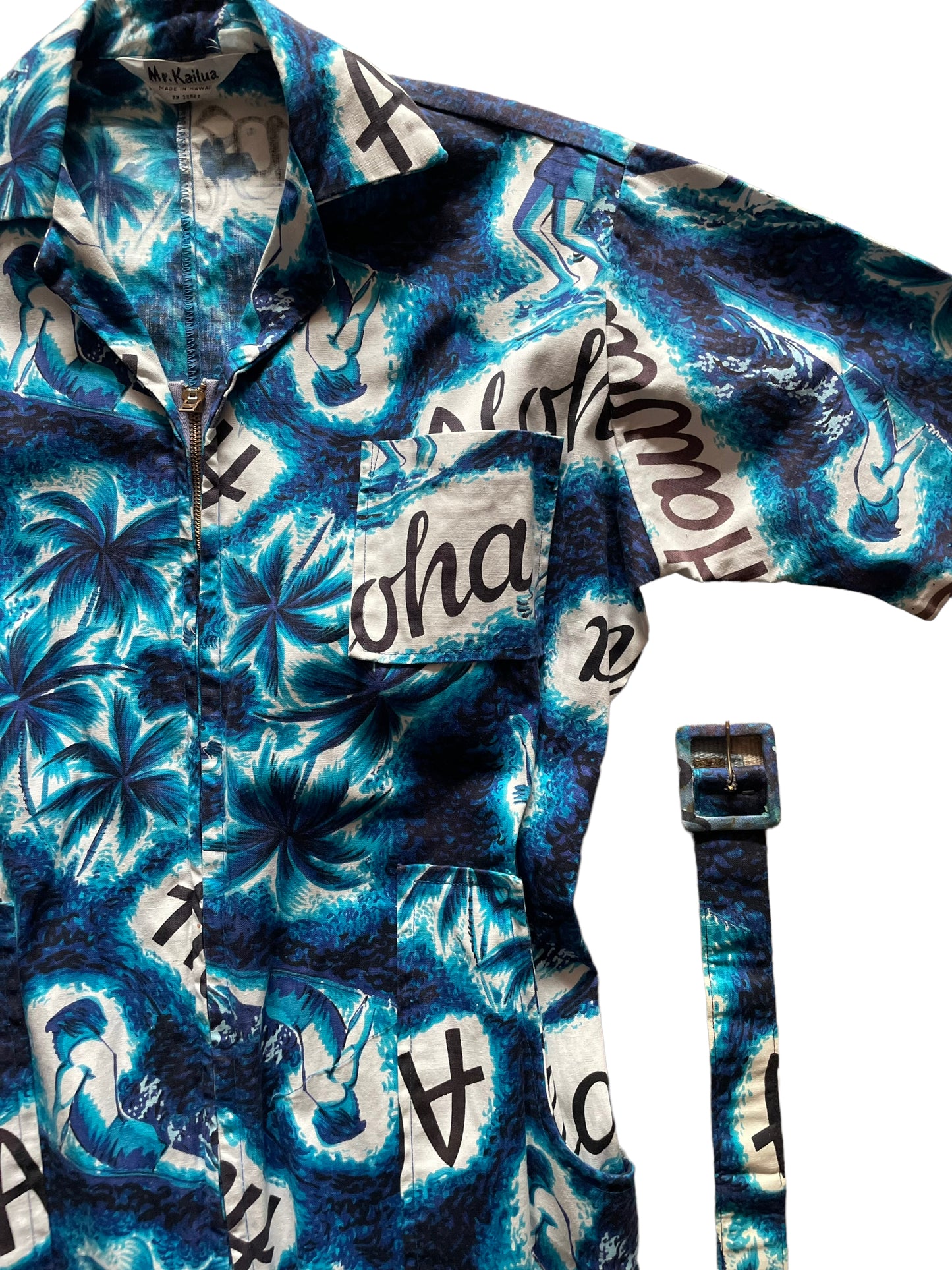 Top left side view of Vintage 1950s Mr. Kailua Hawaiian Jumpsuit SZ M-L