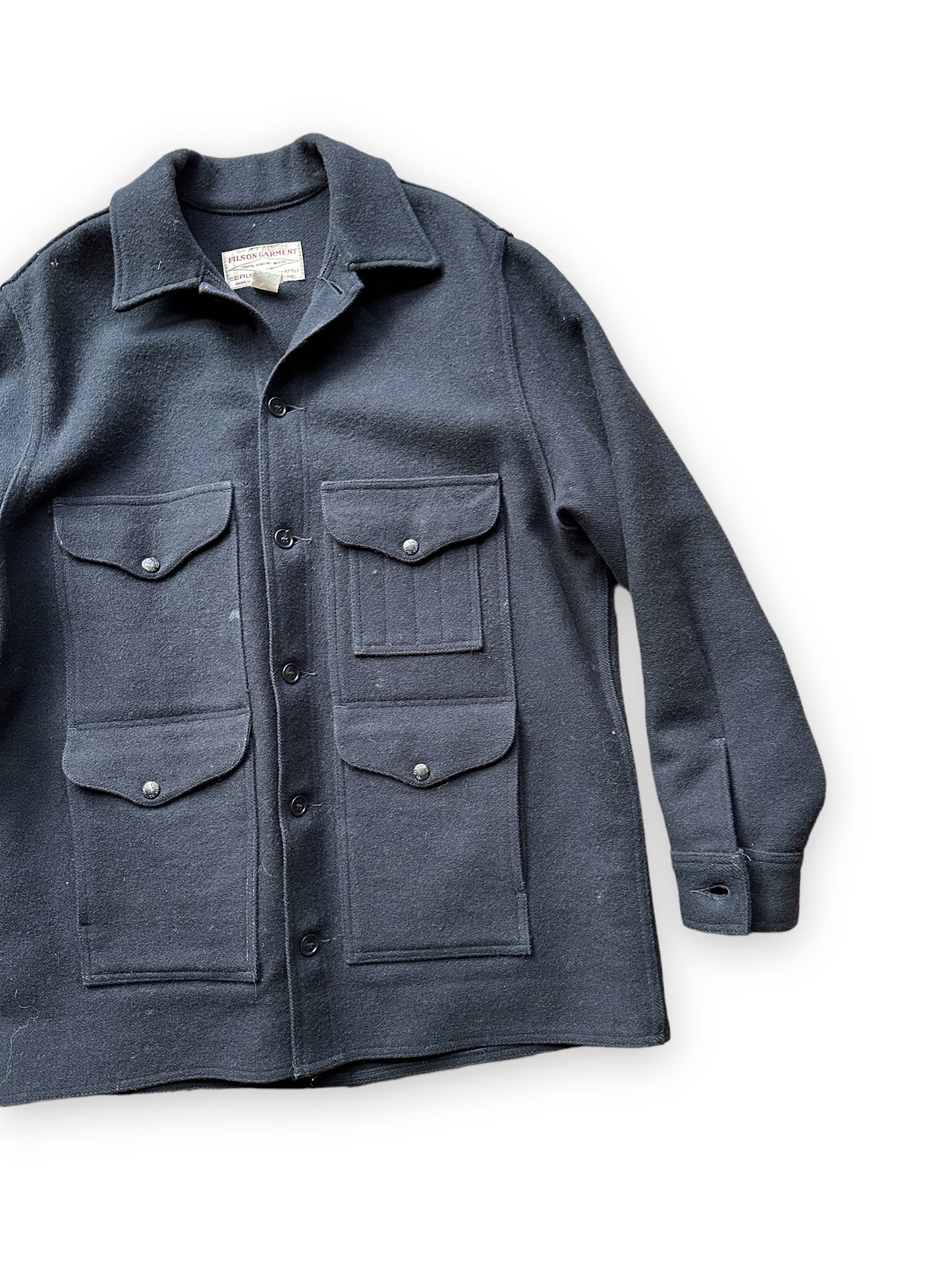 Front Left View of Black Filson Mackinaw Cruiser SZ 48 | Barn Owl Vintage Goods | Vintage Workwear Seattle