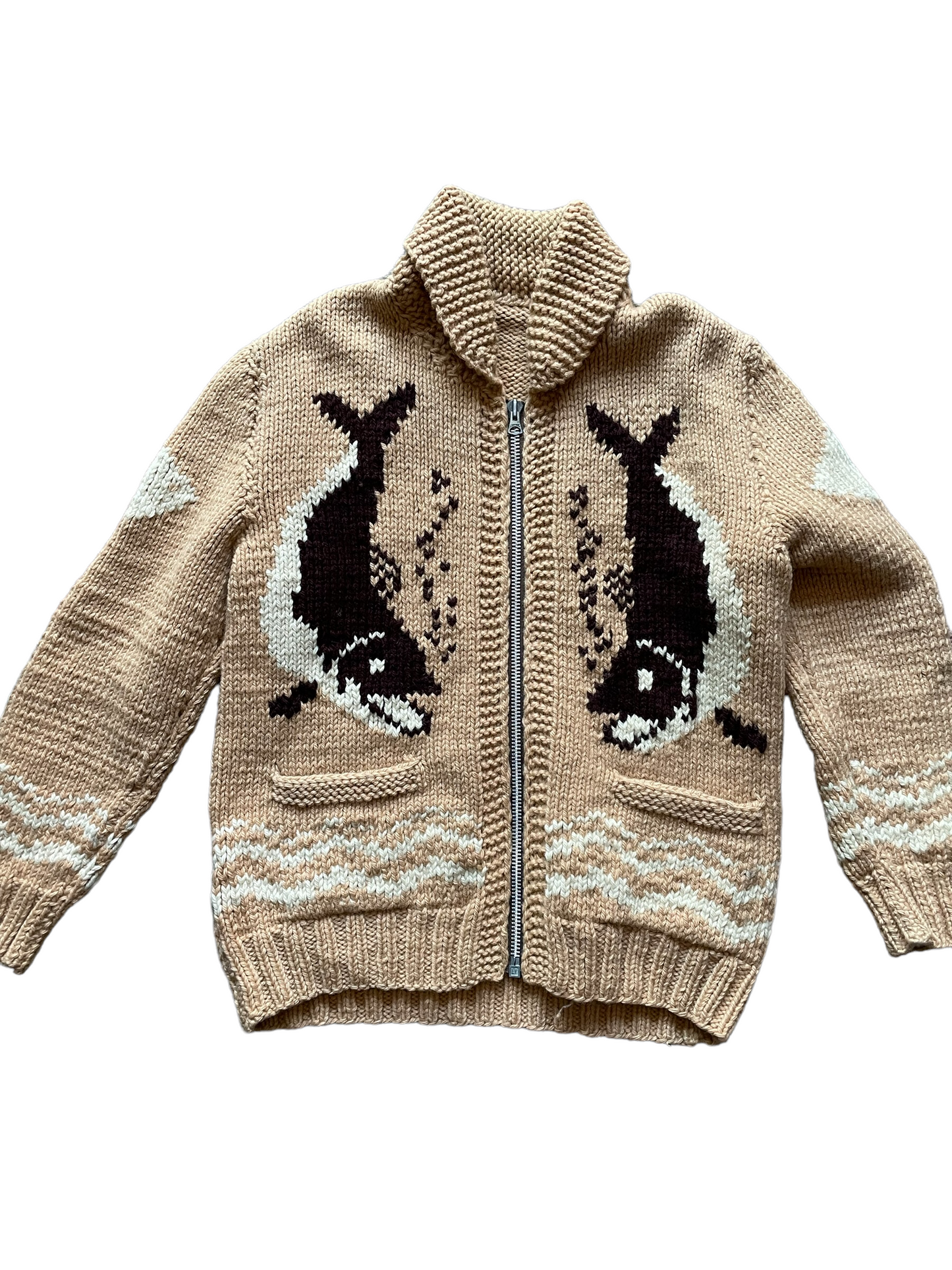 vintage cowichan style salmon sweater front view Barn Owl Vintage seattle tru vintag