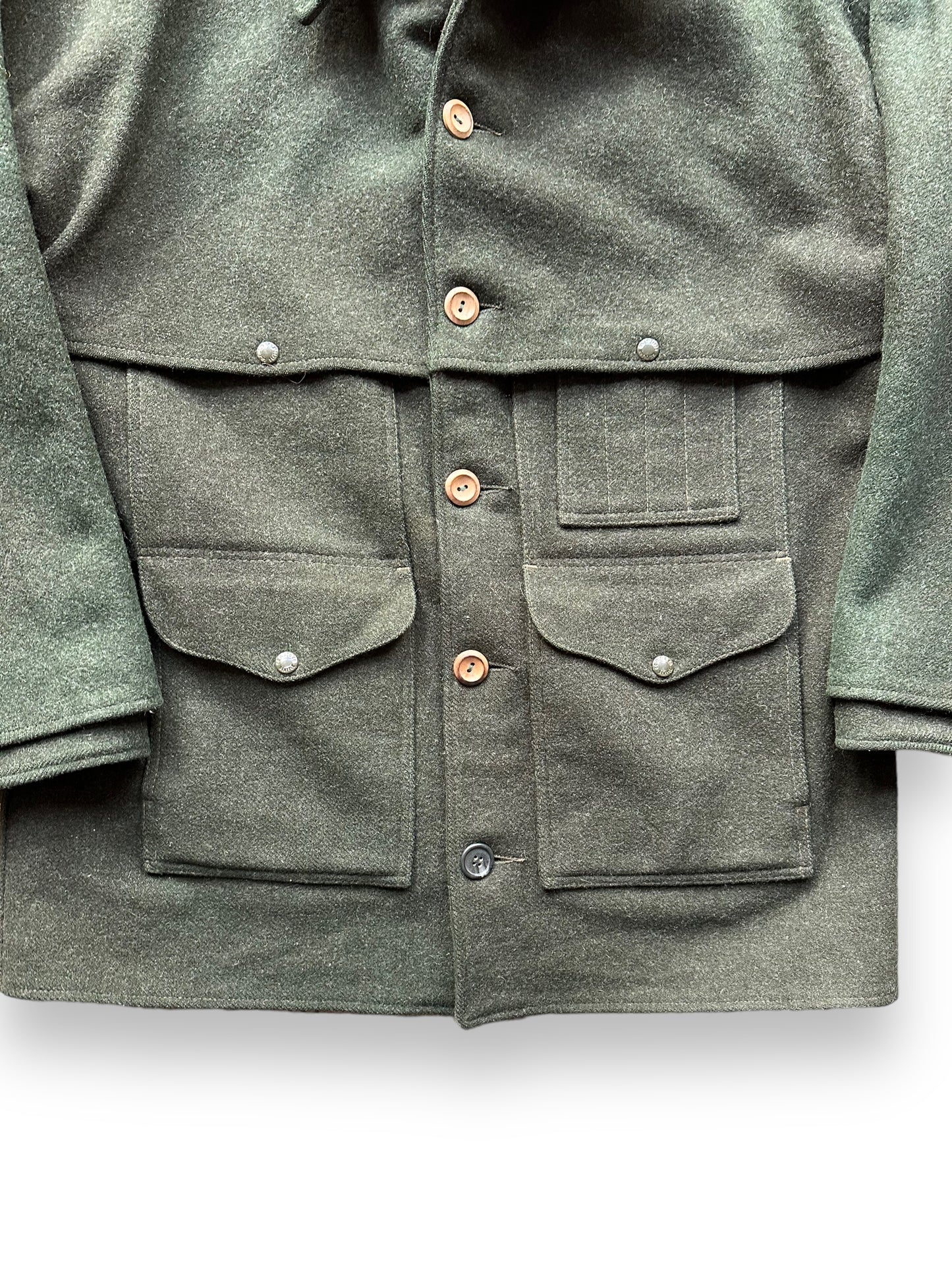 Lower Front Chest View on Vintage Filson Forest Green Double Mackinaw Cruiser SZ 46 XL | Barn Owl Vintage Goods | Vintage Workwear Seattle