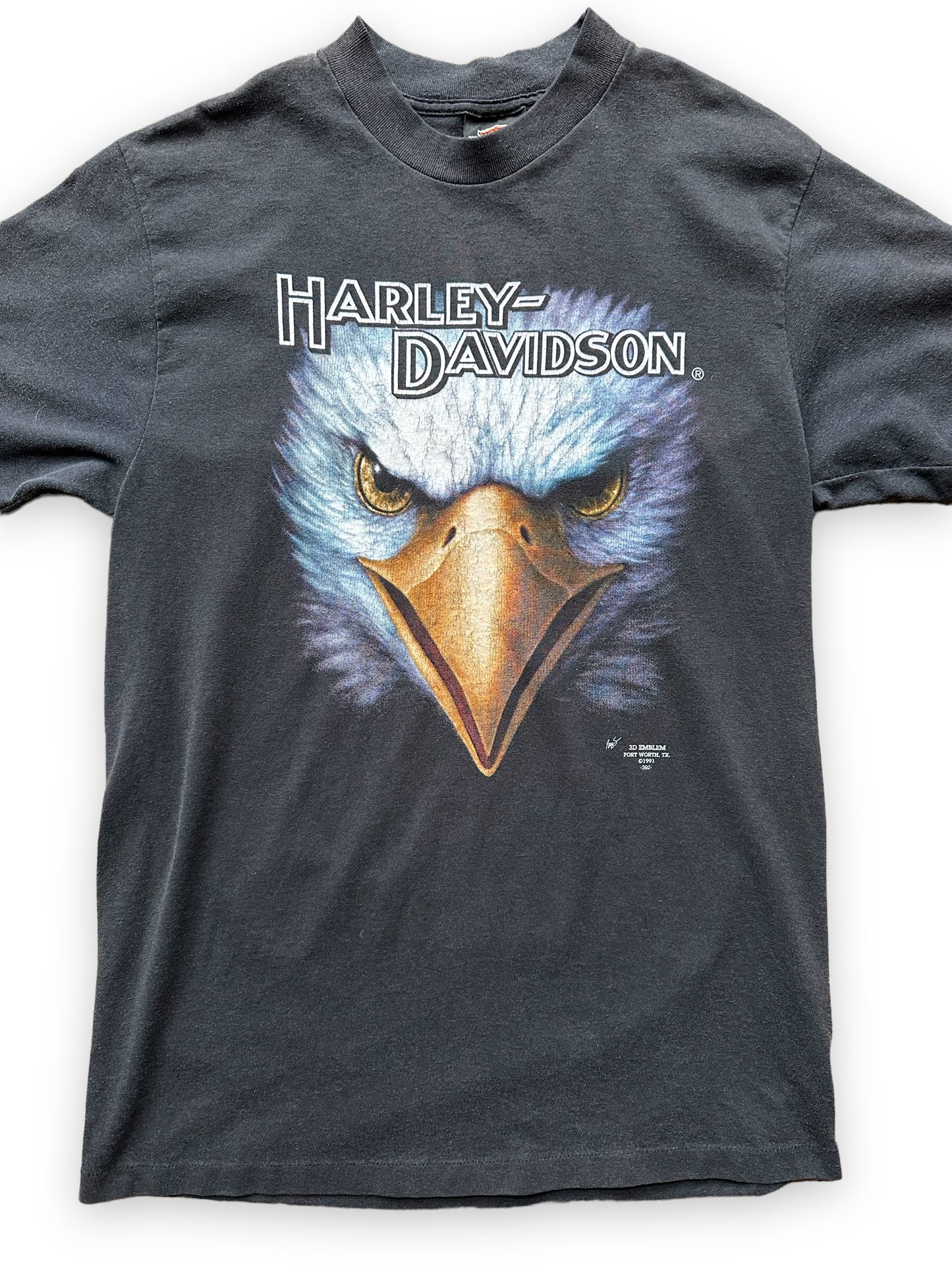 Front Detail on Vintage 1991 3D Emblem Harley Davidson Eagle Tee SZ L | Vintage Single Stitch Harley Tee | Barn Owl Vintage Seattle