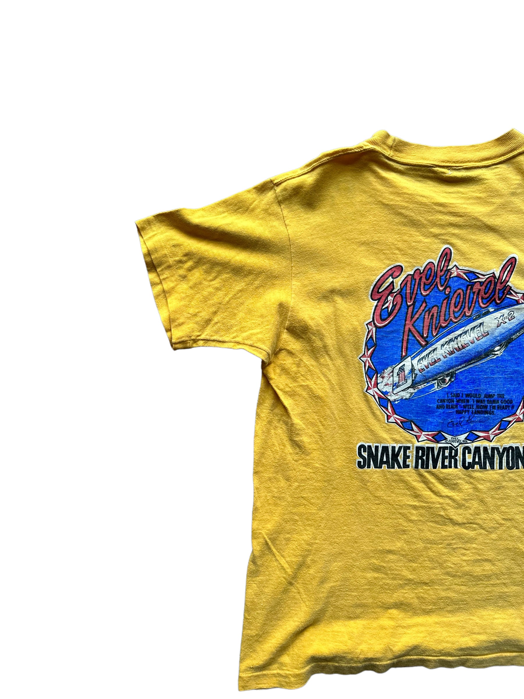 Left Rear View on Vintage Evel Knievel Snake River Canyon TShirt |  Vintage Evel Knievel Single Stitch Tee | Barn Owl Vintage Seattle