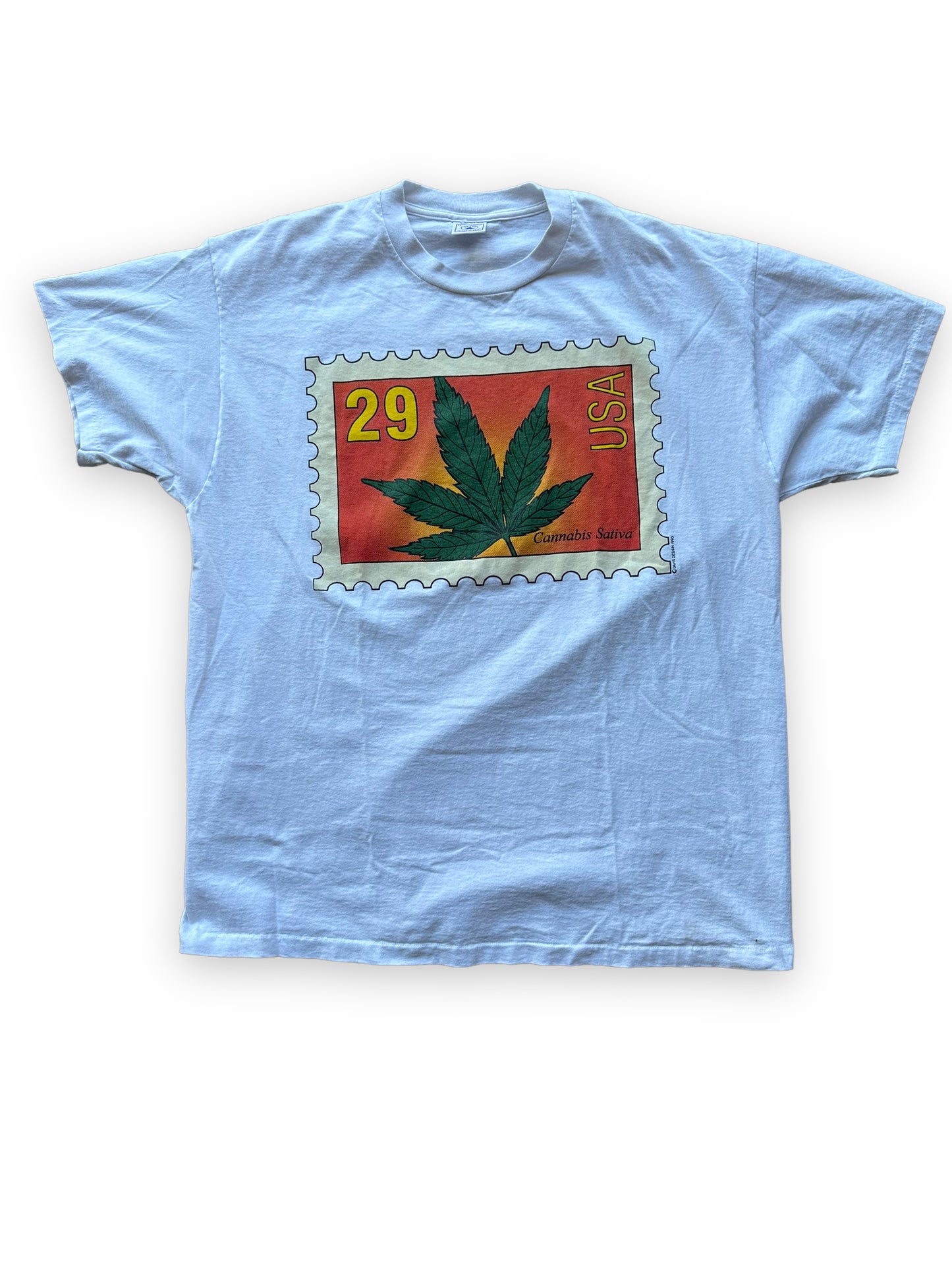 Front View of Vintage 1993 Sativa Cannabis Postal Stamp Tee SZ XL | Seattle Vintage Cannabis Tee | Barn Owl Vintage