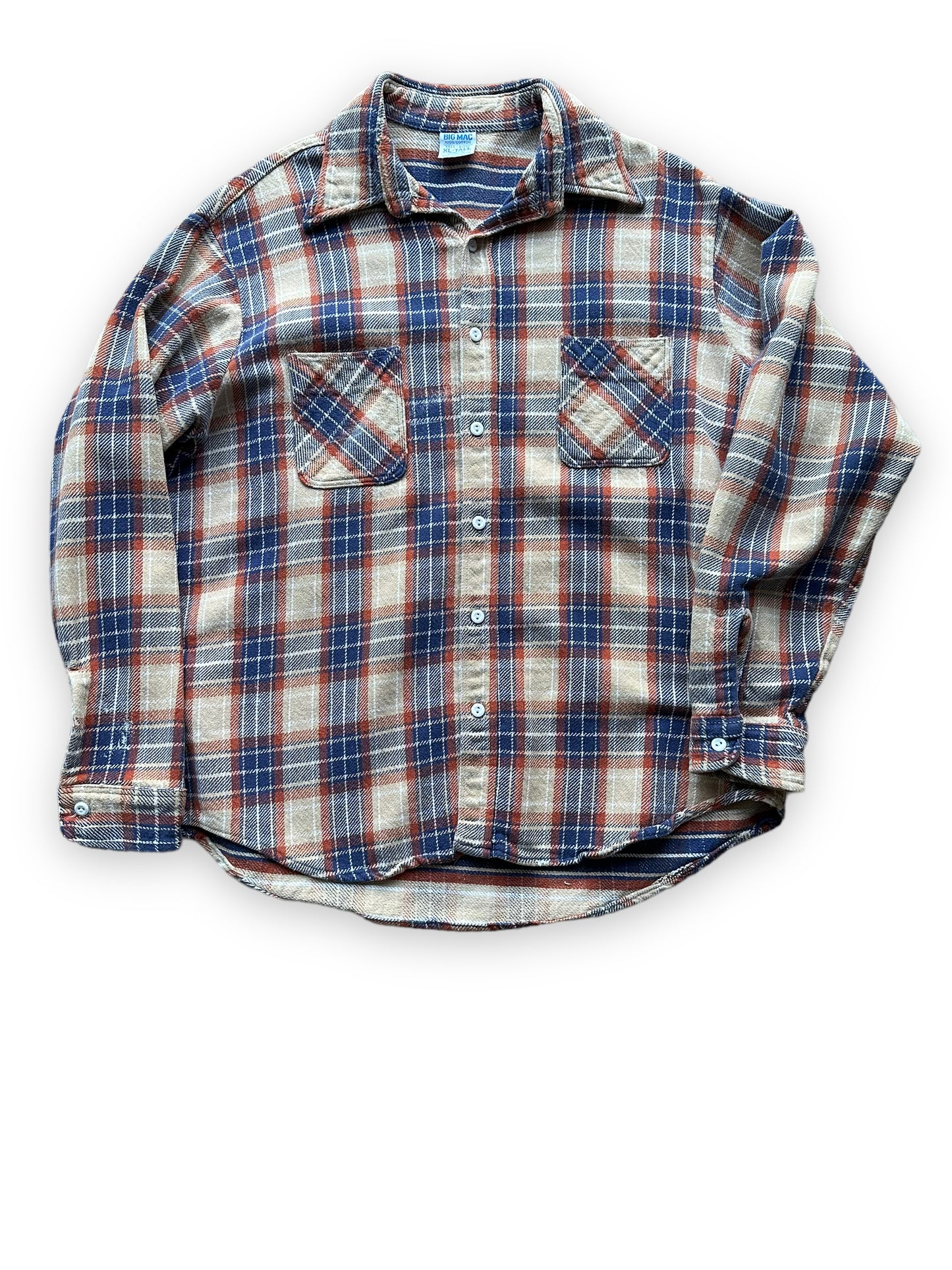 Front View of Vintage Tan & Blue Big Mac Cotton Flannel SZ XL Tall | Barn Owl Vintage Seattle | Vintage Cotton Flannel Seattle
