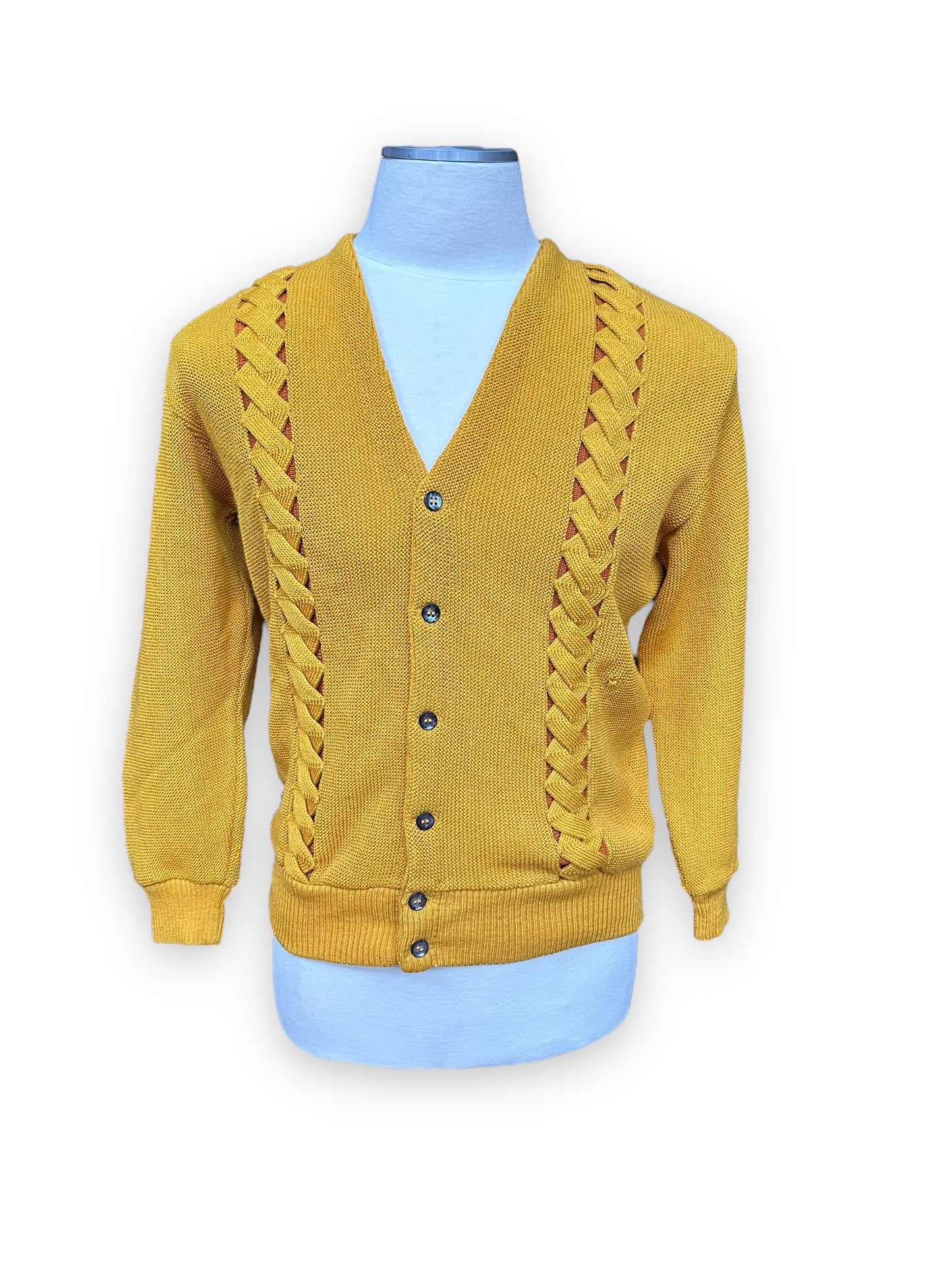 Front View of Vintage Seattle Knitting Mills Golden Double Helix Wool Sweater SZ M | Vintage Cardigan Sweaters Seattle | Barn Owl Vintage Seattle