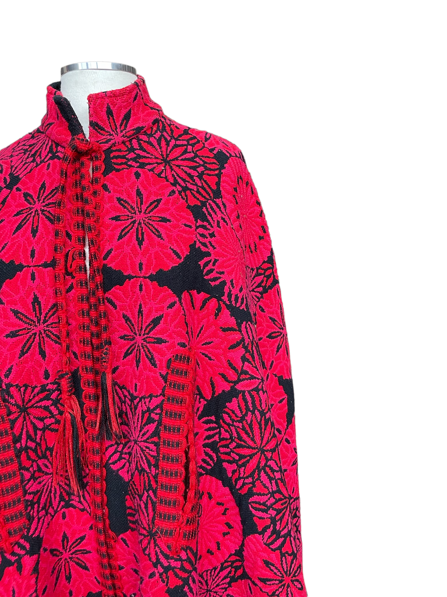 Left shoulder view ofVintage 1960s Arvi Made in Spain Floral Tapestry Cape Coat | Barn Owl Seattle | Seattle True Vintage