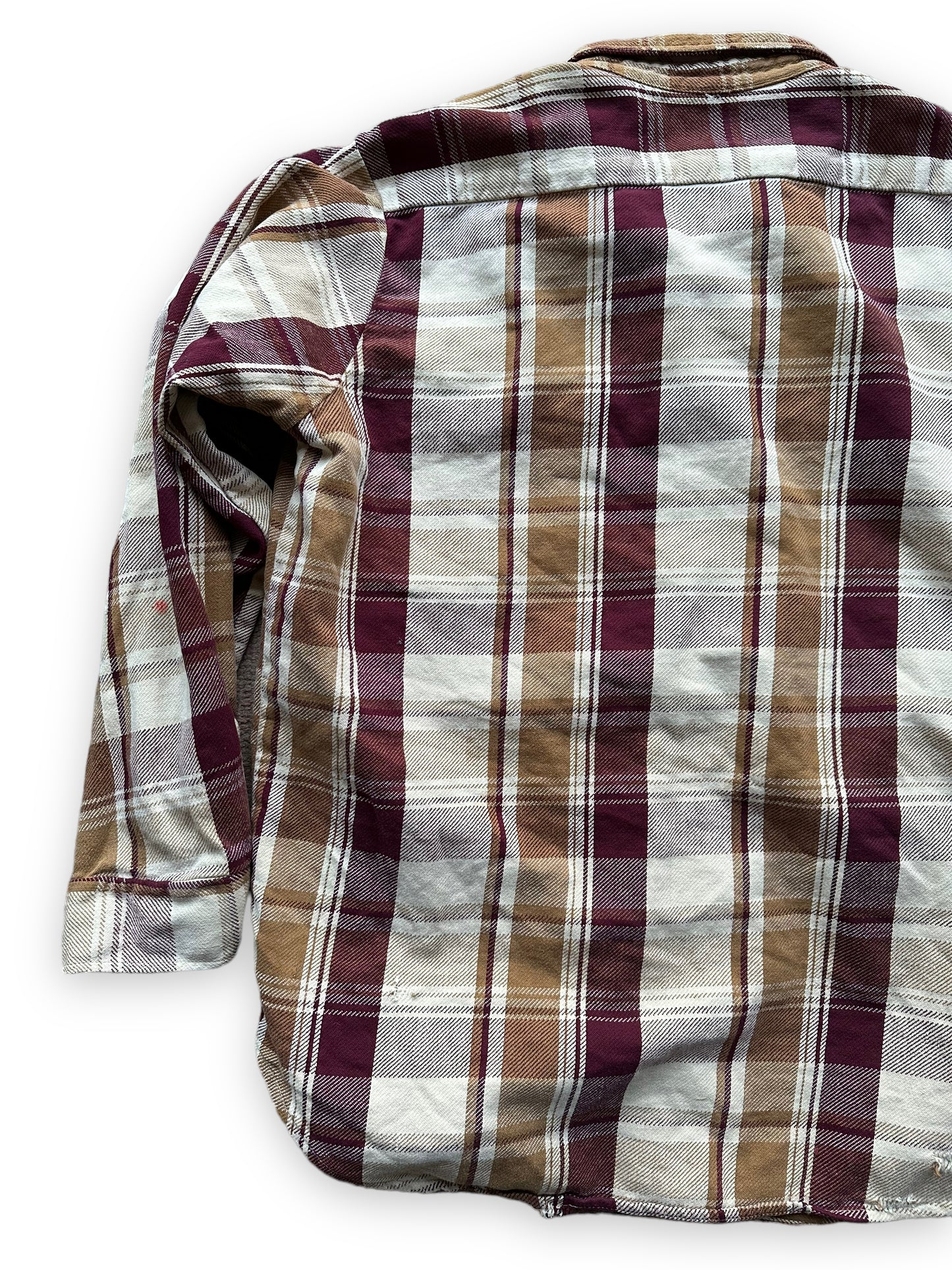 Rear Left View on Vintage Maroon & Brown Alaskan Cotton Flannel SZ XXL Tall | Vintage Cotton Flannel Seattle | Barn Owl Vintage Seattle