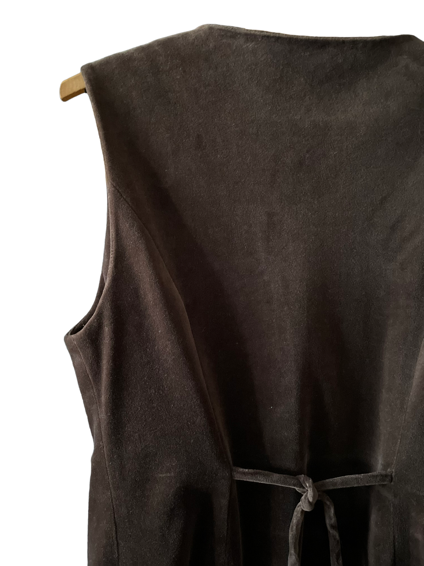 Back left shoulder viw of Vintage 1960s Brown Velvet Vest | Barn Owl Seattle | Vintage 1960s Velvet Vests