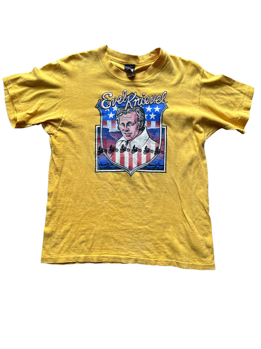 Front View of Vintage Evel Knievel Snake River Canyon TShirt |  Vintage Evel Knievel Single Stitch Tee | Barn Owl Vintage Seattle