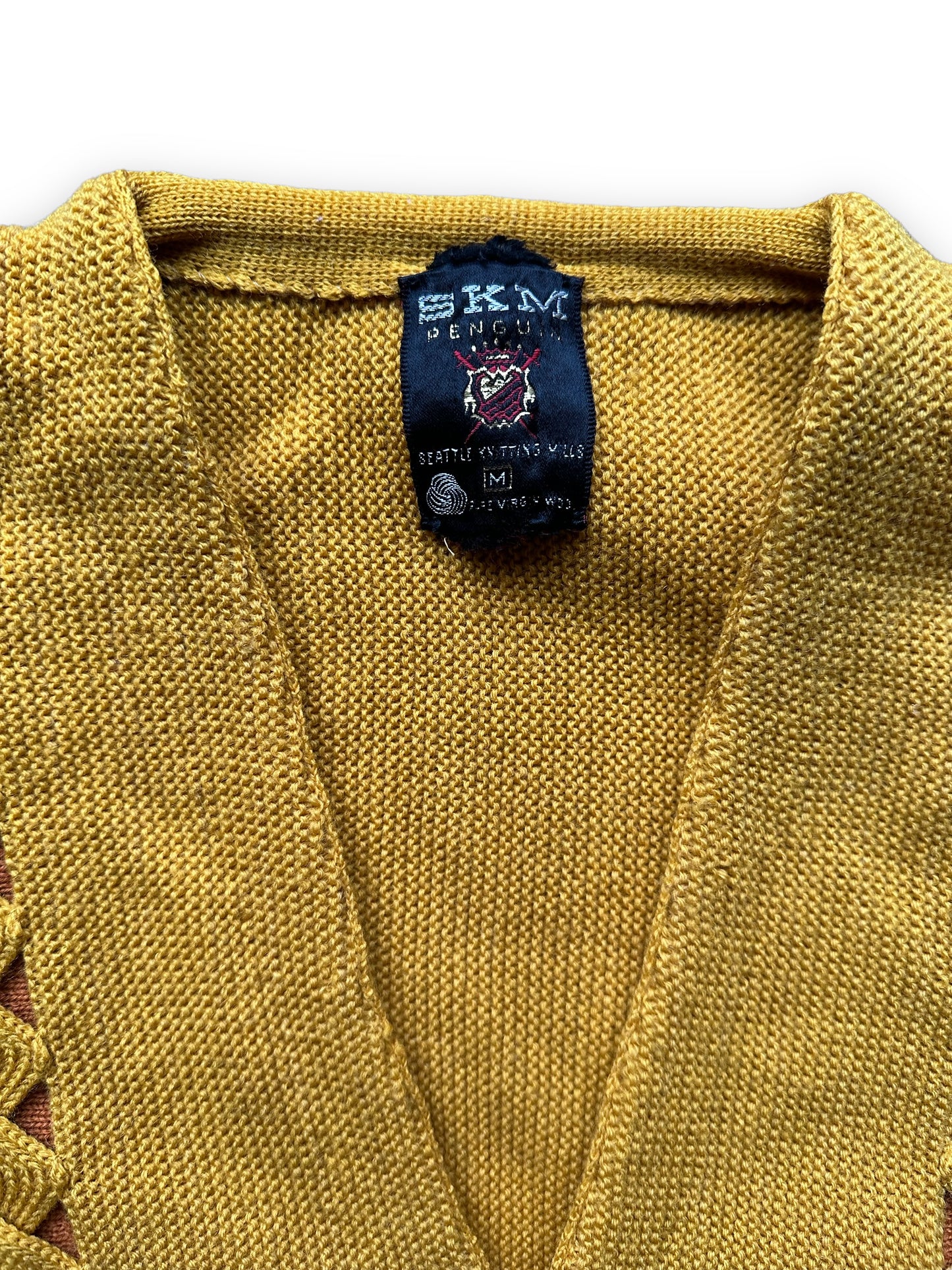 Tag View of Vintage Seattle Knitting Mills Golden Double Helix Wool Sweater SZ M | Vintage Cardigan Sweaters Seattle | Barn Owl Vintage Seattle
