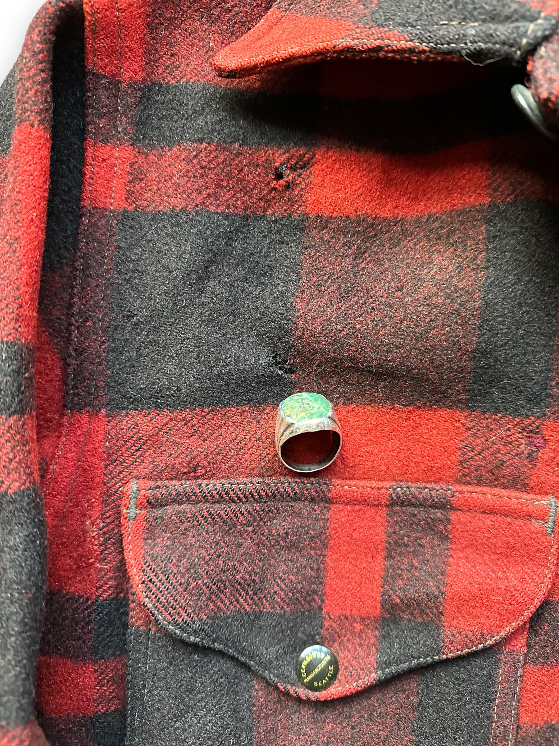 Blemishes on Front Right Chest View on Vintage 1930s Era FilClo Filson Mackinaw Cruiser |  FilClo Vintage Workwear | Barn Owl Vintage Seattle