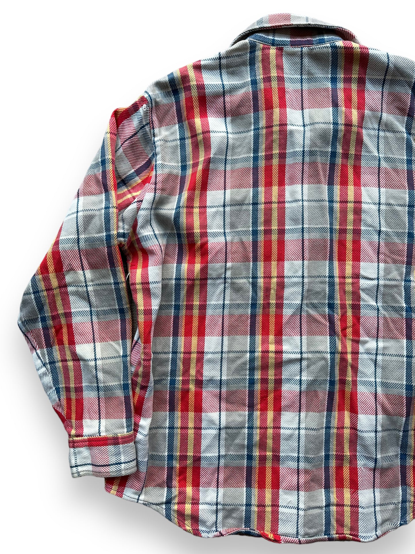 Left Rear View of Vintage Grey, Red, Yellow & Blue Big Mac Cotton Flannel SZ L Tall | Vintage Cotton Flannel Seattle | Barn Owl Vintage Seattle